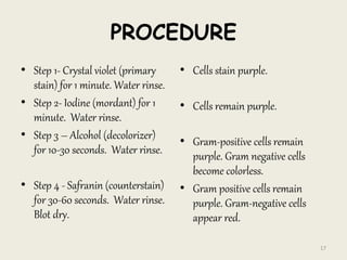 PROCEDURE
• Step 1- Crystal violet (primary
stain) for 1 minute. Water rinse.
• Step 2- Iodine (mordant) for 1
minute. Water rinse.
• Step 3 – Alcohol (decolorizer)
for 10-30 seconds. Water rinse.
• Step 4 - Safranin (counterstain)
for 30-60 seconds. Water rinse.
Blot dry.
• Cells stain purple.
• Cells remain purple.
• Gram-positive cells remain
purple. Gram negative cells
become colorless.
• Gram positive cells remain
purple. Gram-negative cells
appear red.
17
 