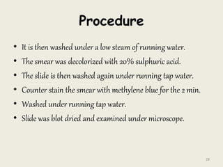 Procedure
• It is then washed under a low steam of running water.
• The smear was decolorized with 20% sulphuric acid.
• The slide is then washed again under running tap water.
• Counter stain the smear with methylene blue for the 2 min.
• Washed under running tap water.
• Slide was blot dried and examined under microscope.
28
 