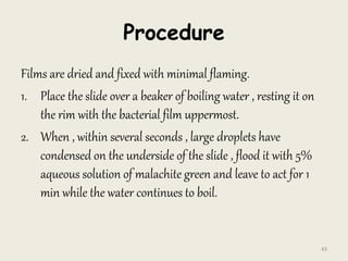 Procedure
Films are dried and fixed with minimal flaming.
1. Place the slide over a beaker of boiling water , resting it on
the rim with the bacterial film uppermost.
2. When , within several seconds , large droplets have
condensed on the underside of the slide , flood it with 5%
aqueous solution of malachite green and leave to act for 1
min while the water continues to boil.
43
 