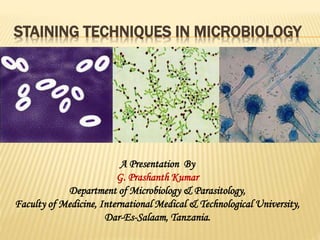 STAINING TECHNIQUES IN MICROBIOLOGY
A Presentation By
G. Prashanth Kumar
Department of Microbiology & Parasitology,
Faculty of Medicine, International Medical & Technological University,
Dar-Es-Salaam, Tanzania.
 