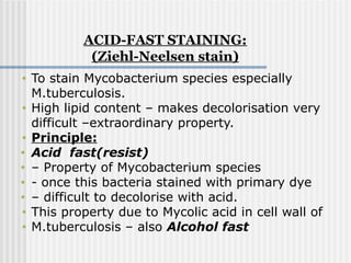 • To stain Mycobacterium species especially
M.tuberculosis.
• High lipid content – makes decolorisation very
difficult –extraordinary property.
• Principle:
• Acid fast(resist)
• – Property of Mycobacterium species
• - once this bacteria stained with primary dye
• – difficult to decolorise with acid.
• This property due to Mycolic acid in cell wall of
• M.tuberculosis – also Alcohol fast
ACID-FAST STAINING:
(Ziehl-Neelsen stain)
 