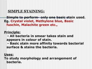 • Simple to perform- only one basic stain used.
Eg. Crystal violet, Methylene blue, Basic
fuschin, Malachite green etc.,
Principle:
- All bacteria in smear takes stain and
appears in colour of stain.
- Basic stain more affinity towards bacterial
surface & stains the bacteria.
Uses:
To study morphology and arrangement of
bacteria.
SIMPLE STAINING:
 