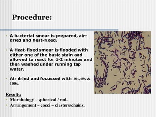 • A bacterial smear is prepared, air-
dried and heat-fixed.
• A Heat-fixed smear is flooded with
either one of the basic stain and
allowed to react for 1-2 minutes and
then washed under running tap
water.
• Air dried and focussed with 10x,45x &
100x.
Results:
• Morphology – spherical / rod.
• Arrangement – cocci – clusters/chains.
Procedure:
 