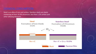 CHEMICAL CONSUMPTION:
Steel is an alloy of iron and carbon. Stainless steels are steels
containing at least 10.5% chromium, less than 1.2% carbon and
other alloying elements.
 