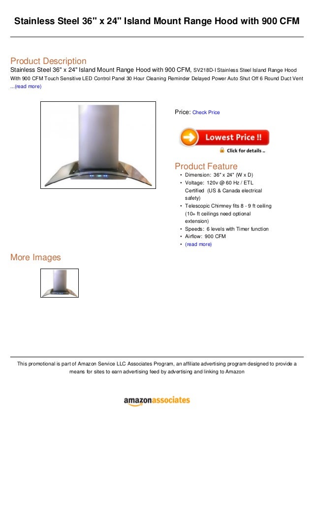 Stainless Steel 36 X 24 Island Mount Range Hood With 900 Cfm
