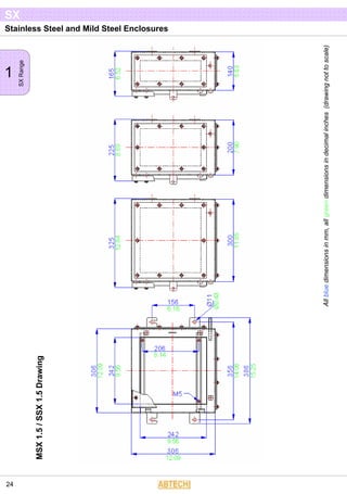 Stainless Steel and Mild Steel Enclosures
1
SXRange
SX
24
Allbluedimensionsinmm,allgreendimensionsindecimalinches(drawingnottoscale)
MSX1.5/SSX1.5Drawing
 