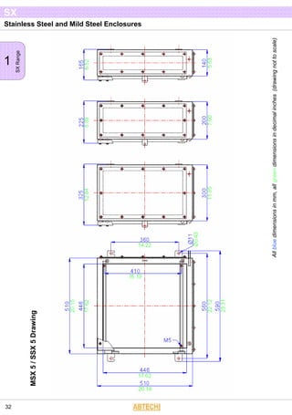 Stainless Steel and Mild Steel Enclosures
1
SXRange
SX
32
Allbluedimensionsinmm,allgreendimensionsindecimalinches(drawingnottoscale)
MSX5/SSX5Drawing
 
