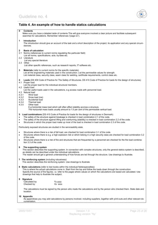 Guideline no. 4
2005/10/01 Version 1.0 Page 23 of 26
Replacing version “Ny”
Table 4. An example of how to handle statics calculations
0 Contents
Make sure you have a detailed table of contents This will give everyone involved a clear picture and facilitate subsequent
searches for calculations. Remember references (“page xx”).
1 Introduction
The introduction should give an account of the task and a short description of the project, its application and any special circum-
stances.
2 Basis of calculation
2.1 Norms (references to current norms regulating the particular field)
List all norms, specifications, acts, by-laws etc.
2.2 Literature
List any special literature
2.3 Other
List other specific references, such as research reports, IT software etc.
3 Materials (refer to current norms for the specific materials)
List all the engineering materials used in the construction. List the permissible values for strength.
List material class, security class, seam class for welding, certificate requirements, control class etc.
4 Loads (DS 409 Code of Practice for The Safety of Structures, DS 410 Code of Practice for loads for the design of structures)
4.1 Proper load
List the proper load for the individual structural members.
4.2 Useful load
List the useful loads used in the calculations, e.g access roads with personnel load.
4.3 Natural load
4.3.1 Wind load
4.3.2 Snow load (ice)
4.3.3 Accidental load
4.3.4 Thermal load
4.3.5 Other load
E.g horizontal mass load which will often affect stability accross a structure.
The horizontal mass loads usually amount to 1.5 per cent of the permissible vertical load.
5 Load combinations (DS 410 Code of Practice for loads for the design of structures in Denmark)
• The safety of the structure against breakage is checked in load combination 2.1 of the code.
• The safety of the structure against lifting and overturning (stability) is checked in load combination 2.2 of the code.
• Structures in which the proper load make up most of the load is checked in load combination 2.3 of the code.
Particularly exposed structures are studied in the serviceability state.
• Structures where there is a risk of fall load, are checked for load combination 3.1 of the code.
• Structures where there is e.g. a high explosion risk or which belong in a high security class are checked for load combination 3.2
of the code.
• Structures where there is a risk of fire and structures that are frequented by a personnel are checked for the fire load combina-
tion 3.3 of the code
6 The supporting system
This section describes the supporting system. In connection with complex structures, only the general statics system is described,
as details can be described under the individual calculations.
The reader should get a general understanding of how forces are led through the structure. Use drawings to illustrate.
7 The reinforcing system (including robustness)
This section describes the reinforcing system. Use drawings to illustrate.
8 Static calculations (refer to text books within the individual fields/specialties)
This is where the actual calculations come in. Start from the top and follow the loads down through the construction.
Specify the source of the figures, i.e. refer to the pages where values on which the calculations are based are calculated. Use
drawings that help to illustrate the subject.
9 Signature
Calculated by: Yy yyyy
Checked by: Xx xxxx
The calculations must be signed by the person who made the calculations and by the person who checked them. State date and
location.
10 Appendix
As appendices you may add calculations by persons involved, including suppliers, together with print-outs and other relevant do-
cumentation.
 