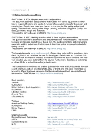 Guideline no. 4
2005/10/01 Version 1.0 Page 24 of 26
Replacing version “Ny”
11.Related guidelines and links
EHEDG Doc. 8, 2004: Hygienic equipment design criteria.
This document describes design criteria that must be met before equipment used for
food is regarded hygienic and sterile. A number of general directions for the design and
manufacture of equipment have been issued to ensure microbial safety and product
quality. They deal with, among other things, cleaning, validation of hygienic quality, sur-
faces, geometry, design and materials.
The guideline can be bought at EHEDG: http://www.ehedg.org.
EHEDG Doc. 9, 1993: Welding stainless steel to meet hygienic requirements.
This guideline describes techniques that ensure that welds remain hygienic. The descrip-
tions are for stainless steels thinner than 3 mm. The guidline mentions both manual and
automatic welding techniques. Furthermore, it describes typical errors and methods for
quality control.
The guideline can be bought at EHEDG: http://www.ehedg.org.
The knowledge portal www.staalcentrum.dk offers a clear picture of the guidelines, stan-
dards, legislation etc. available for specific fields/types of equipment and locations. It is
easy to search the material and read a short description of the actual contents. The rele-
vant links lets you order material from the source. Furthermore, it contains a wide range
of relevant links to authorities and organisations etc.
The Stahlschlüssel contains a list of steel qualities from more than 20 countries. You can
search information about any steel grade, alloy or brand, and find cross references be-
tween the different national standards. Stahlschlüssel is issued both as a spiral-bound
book and on CD-ROM (see http://www.stahlschluessel.de/).
Steel suppliers
Sandvik: http://www.sandvik.com/
Outokumpo: http://www.outokumpu.com/
British Stainless Steel Association: http://www.bssa.org.uk/index.htm
Dockweiler: http://www.dockweiler.com/ie/index.html
Edelstahl Rostfrei: http://www.edelstahl-rostfrei.de/
Olympic Steel: http://www.olysteel.com/
Special Metals: http://www.specialmetals.com/
Welding:
American Welding Society: http://www.aws.org/pr/jul10-99.html
Huntingdon: http://huntingdonfusion.com/HFT/
Böhler Thyssen: http://www.boehler-thyssen.com/
ESAB: http://www.esab.com/
Organisations etc.
Danish Standard Association: www.ds.dk
ASSDA: http://www.assda.asn.au/asp/index.asp
KCI Publishing BV: http://home.pi.net/~kci/
NIDI: http://www.nickel-institute.org
 