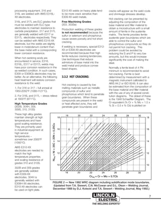 7
cracks will appear as the weld cools
and shrinkage stresses develop.
Hot cracking can be prevented by
adjusting the composition of the
base material and filler material to
obtain a microstructure with a small
amount of ferrite in the austenite
matrix. The ferrite provides ferrite-
austenite grain boundaries which are
able to control the sulfur and
phosphorous compounds so they do
not permit hot cracking. This
problem could be avoided by
reducing the S and P to very low
amounts, but this would increase
significantly the cost of making the
steel.
Normally a ferrite level of 4 FN
minimum is recommended to avoid
hot cracking. Ferrite is best
determined by measurement with a
magnetic instrument calibrated to
AWS A4.2 or ISO 8249. It can also
be estimated from the composition of
the base material and filler material
with the use of any of several consti-
tution diagrams. The oldest of these
is the 1948 Schaeffler Diagram. The
Cr equivalent (% Cr + % Mo + 1.5 x
% Si + 0.5 x % Cb) is plotted on
E310-XX welds on heavy plate tend
to be more crack sensitive than
E309-XX weld metals.
Free Machining Grades
(303, 303Se)
Production welding of these grades
is not recommended because the
sulfur or selenium and phosphorus
cause severe porosity and hot short
cracking.
If welding is necessary, special E312-
XX or E309-XX electrodes are
recommended because their high
ferrite reduces cracking tendencies.
Use techniques that reduce
admixture of base metal into the
weld metal and produce convex
bead shapes.
3.3.2 HOT CRACKING:
Hot cracking is caused by low
melting materials such as metallic
compounds of sulfur and
phosphorous which tend to penetrate
grain boundaries. When these
compounds are present in the weld
or heat affected zone, they will
penetrate grain boundaries and
processing equipment. 316 and
316L are welded with AWS E316L-
XX electrodes.
316L and 317L are ELC grades that
must be welded with ELC type
electrodes to maintain resistance to
carbide precipitation. 317 and 317L
are generally welded with E317 or
E317L electrodes respectively. They
can be welded with AWS E316-XX
electrode, but the welds are slightly
lower in molybdenum content than
the base metal with a corresponding
lower corrosion resistance.
When hot oxidizing acids are
encountered in service, E316,
E316L, E317 or E317L welds may
have poor corrosion resistance in the
as-welded condition. In such cases,
E309 or E309Cb electrodes may be
better. As an alternative, the following
heat treatment will restore corrosion
resistance to the weld:
1. For 316 or 317 – full anneal at
1950-2050°F (1066-1121°C).
2. For 316L and 317L – stress relieve
at 1600°F (871°C).
High Temperature Grades
(302B, 304H, 309,
309S, 310, 310S)
These high alloy grades
maintain strength at high
temperatures and have
good scaling resistance.
They are primarily used
in industrial equipment at
high service
temperatures –
sometimes over 2000°F
(1093°C).
AWS E310-XX
electrodes are needed to
match the high
temperature properties
and scaling resistance of
grades 310 and 310S.
302B and 309 grades
are generally welded
with E309-XX
electrodes. 304H is
generally welded with
E308H-XX electrodes.
E310-XX electrodes can
be used on light plate.
Creq = Cr + Mo + 0.7Cb
Nieq=Ni+35C+20N+0.25Cu
FIGURE 2 — New 1992 WRC diagram including solidification mode boundaries.
(Updated from T.A. Siewert, C.N. McCowan and D.L. Olson – Welding Journal,
December 1988 by D.J. Kotecki and T.A. Siewert - Welding Journal, May 1992.)
 