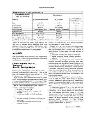 Nickel Development Institute
Table II Requirements for Typical Stainless Steel Pipe
Physical Characteristics,
Tests, and Processes
Specifications
Pipe Form A312 Welded & Seamless A778 Welded AWWA C220 (1)
Welded & Seamless
Size 1/4 - 30" 3-48" 4" or Larger
Wall Thickness Sch. 5S - 80 0.062 - 0.5" (1)
Solution Anneal Required Not Required (1)
Mechanical Test Tension & Face Bend Transverse Tension & Guided Bend (1)
Hydrostatic Test Required Optional (1)
Filler Metal Addition None Allowed Matching (1)
Surface Scale Removal Required Required (1)
Associated Fitting Specification ASTM A403 ASTM A774
(1) AWWA C220 allows use of either ASTM A312 or A778. See the ASTM specification for particular requirements.
common to encounter dual certified Type 304/304L and
Type 316/316L stainless steel in warehouse stock. Dual
certification means that it meets the 0.03% carbon maxi-
mum requirement for the "L" grades and also meets the
higher mechanical properties of the regular grades.
Materials
Pipe and fittings are usually specified to one of the material
specifications in Table ll. Important provisions of the piping
specifications are summarized.
Corrosion Behavior of
Stainless
Steel in Potable Water
Stainless steel performs best in clean, flowing water i.e.,
flow rates greater than 1.5 to 2 ft/s (0.5 to 0.6 m/s). In raw
water, the suggested minimum design flow is 3 ft/s (1 m/s)
to reduce sediment deposition.
High velocities and turbulence which limit the perfor-
mance of materials such as ductile cast iron, carbon steel,
and copper alloys are beneficial to the performance of stain-
less steel. Stainless steel offers excellent erosion/ corrosion
Table III Velocity/Flow for Potable Water Systems
Velocity -Avoid stagnant conditions
• Up to 100 ft/s (30 m/s) - OK
• > 3 ft/s (1 m/s) preferred for raw water with
sediment
• 1.5 to 2 ft/s (0.5 to 0.6 m/s) for finished water
Flow
• Reduces opportunity for bacteria and slime to form
growth sites
• Reduces the possibility for microbiologically
influenced corrosion
resistance to handle turbulent flows. Reference conditions
for potable water are shown in Table III.
Because of its very low corrosion rate, stainless steel
does not require the corrosion allowances used for ductile
cast iron and carbon steel. Corrosion, when it occurs, is
usually localized in crevice areas. There are two types of
crevices:
• Man-made, originating from design or construction
• Natural, occurring in crevices formed by sediment or
deposits.
A typical and very damaging man-made crevice is that
formed at the root of incomplete penetration welds. Weld
root crevices can trap sediment and allow chlorides to con-
centrate to several times the concentration in the bulk water
increasing the likelihood of under-deposit crevice corrosion.
Procurement specifications should require full penetration
welds with smooth ID contour. Other man-made crevices
such as those at flange faces under gaskets, pressed
fittings, and mechanical joints pose few problems in low
chloride potable waters.
Naturally occurring crevices from sediment can be re-
duced by high flow rates. When design or operating
conditions are such that deposits may occur, the best prac-
tice is to provide periodic flushing with a high pressure water
stream. The design should provide the necessary flushing
ports.
A black Fe-Mn deposit forms on the pipe wall when raw
waters are treated for the removal of iron or manganese
with oxidants such as chlorine or potassium permanganate.
The Fe-Mn deposits are normally benign to Type 304L
stainless steel, but have contributed to under-deposit
crevice corrosion in the presence of heat tint oxide from
welding. The removal of heat tint oxide is discussed in the
paragraph entitled Fabrication of Piping Systems.
Guidelines for the injection of chlorine are discussed in the
paragraph entitled Effects of Oxidizers.
3 Stainless steel in PWTPs
 