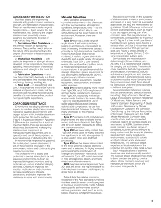 5
GUIDELINES FOR SELECTION
Stainless steels are engineering
materials with good corrosion resistance,
strength, and fabrication characteristics.
They can readily meet a wide range of
design criteria — load, service life, low
maintenance, etc. Selecting the proper
stainless steel essentially means
weighing four elements. In order of
importance, they are:
1. Corrosion or Heat Resistance —
the primary reason for specifying
stainless. The specifier needs to know
the nature of the environment and the
degree of corrosion or heat resistance
required.
2. Mechanical Properties — with
particular emphasis on strength at room,
elevated, or low temperature. Generally
speaking, the combination of corrosion
resistance and strength is the basis for
selection.
3. Fabrication Operations — and
how the product is to be made is a third-
level consideration. This includes forging,
machining, forming, welding, etc.
4. Total Cost — in considering total
cost, it is appropriate to consider not only
material and production costs, but the
life cycle cost including the cost-saving
benefits of a maintenance-free product
having a long life expectancy.
CORROSION RESISTANCE
Chromium is the alloying element that
imparts to stainless steels their corrosion-
resistance qualities by combining with
oxygen to form a thin, invisible chromium-
oxide protective film on the surface.
(Figure 1. Figures are shown in Appendix
B.) Because the passive film is such an
important factor, there are precautions
which must be observed in designing
stainless steel equipment, in
manufacturing the equipment, and in
operation and use of the equipment, to
avoid destroying or disturbing the film.
In the event that the protective (passive)
film is disturbed or even destroyed, it
will, in the presence of oxygen in the
environment, reform and continue to give
maximum protection.
The protective film is stable and
protective in normal atmospheric or mild
aqueous environments, but can be
improved by higher chromium, and by
molybdenum, nickel, and other alloying
elements. Chromium improves film
stability; molybdenum and chromium
increase resistance to chloride
penetration; and nickel improves film
resistance in some acid environments.
Material Selection
Many variables characterize a
corrosive environment — i.e. chemicals
and their concentration, atmospheric
conditions, temperature, time — so it is
difficult to select which alloy to use
without knowing the exact nature of the
environment, However, there are
guidelines:
Type 304 serves a wide range of
applications. It withstands ordinary
rusting in architecture, it is resistant to
food processing environments (except
possibly for high-temperature conditions
involving high acid and chloride
contents), it resists organic chemicals,
dyestuffs, and a wide variety of inorganic
chemicals. Type 304 L (low carbon)
resists nitric acid well and sulfuric acids
at moderate temperature and
concentrations. It is used extensively for
storage of liquified gases, equipment for
use at cryogenic temperatures (304N),
appliances and other consumer
products, kitchen equipment, hospital
equipment, transportation, and waste-
water treatment.
Type 316 contains slightly more nickel
than Type 304, and 2-3% molybdenum
giving it better resistance to corrosion
than Type 304, especially in chloride
environments that tend to cause pitting.
Type 316 was developed for use in
sulfite pulp mills because it resists
sulfuric acid compounds. Its use has
been broadened, however, to handling
many chemicals in the process
industries.
Type 317 contains 3-4% molybdenum
(higher levels are also available in this
series) and more chromium than Type
316 for even better resistance to pitting
and crevice corrosion.
Type 430 has lower alloy content than
Type 304 and is used for highly polished
trim applications in mild atmospheres. It
is also used in nitric acid and food
processing.
Type 410 has the lowest alloy content
of the three general-purpose stainless
steels and is selected for highly stressed
parts needing the combination of
strength and corrosion resistance, such
as fasteners. Type 410 resists corrosion
in mild atmospheres, steam, and many
mild chemical environments.
2205 may have advantages over Type
304 and 316 since it is highly resistant to
chloride stress corrosion cracking and is
about twice as strong.
Table 6 lists the relative corrosion
resistance of the AlSl standard numbered
stainless steels in seven broad categories
of corrosive environments. Table 7 details
more specific environments in which
various grades are used, such as acids,
bases, organics, and pharmaceuticals.
The above comments on the suitability
of stainless steels in various environments
are based on a long history of successful
application, but they are intended only as
guidelines. Small differences in chemical
content and temperature, such as might
occur during processing, can affect
corrosion rates. The magnitude can be
considerable, as suggested by Figures 2
and 3. Figure 2 shows small quantities of
hydrofluoric and sulfuric acids having a
serious effect on Type 316 stainless steel
in an environment of 25% phosphoric
acid, and Figure 3 shows effects of
temperature on Types 304 and 316 in
very concentrated sulfuric acid.
Service tests are most reliable in
determining optimum material, and
ASTM G 4 is a recommended practice
for carrying out such tests. Tests should
cover conditions both during operation
and shutdown. For instance, sulfuric,
sulfurous and polythionic acid conden-
sates formed in some processes during
shutdowns may be more corrosive than
the process stream itself. Tests should
be conducted under the worst operating
conditions anticipated.
Several standard reference volumes
discuss corrosion and corrosion control,
including Uhlig’s Corrosion Handbook;
LaQue and Copsons’ Corrosion Resistance
Of Metals and Alloys; Fontana and
Greens’ Corrosion Engineering; A Guide
to Corrosion Resistance by Climax
Molybdenum Company; the Corrosion
Data Survey by the National Association
of Corrosion Engineers; and the ASM
Metals Handbook. Corrosion data,
specifications, and recommended
practices relating to stainless steels are
also issued by ASTM. Stainless steels
resist corrosion in a broad range of
conditions, but they are not immune to
every environment. For example, stainless
steels perform poorly in reducing
environments, such as 50% sulfuric
and hydrochloric acids at elevated
temperatures. The corrosive attack
experienced is a breakdown of the
protective film over the entire metal surface.
Such misapplications of stainless
steels are rare and are usually avoided.
The types of attack which are more likely
to be of concern are pitting, crevice
attack, stress corrosion cracking, and
intergranular corrosion, which are
discussed in Appendix A.
021214 Design Guidelines 1/24/03 9:08 AM Page 5
 