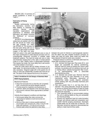 Nickel Development Institute
Figure 5 Rust on welds from wire brushing with carbon steel wire brush.
between the point of chlorine or permanganate injection
and the filters has also initiated localized corrosion at
welds with heat tint oxide. Base metal and welds that
were cleaned of heat tint oxide were resistant.
Practical actions to remove or eliminate weld heat tint
oxide differ according to pipe size.
1. 24 in. diameter and larger pipe: Pipe sizes 24 in. and
larger are accessible for internal conditioning.
Remove heat tint oxide by pickling the interior weld
surfaces, by grinding with an abrasive tool such as
a rotating silicon carbide-impregnated fiber brush,
or by electropolishing with a hand-held
electropolishing probe.
2. 3 in. diameter and smaller pipe: Remove heat tint
oxide by pickling the pipe assembly or by using
mechanical joints. Alternately, assurance of
heat-tint-free welds usually requires automatic
orbital welding with very precisely machined joint
preparations.
3. Pipe sizes greater than 3 in. and less than 24 in.
diameter: The piping fabricator should be required
to remove or prevent the formation of heat tint oxide
using one of the following options best-suited for
the particular assembly.
• Limit assembly length to accommodate pickling
the unit or placing welds so they are accessible
for internal grinding.
• Prevent any significant heat tint oxide formation
through very precise weld joint preparation and
careful internal purging procedures. Automatic
orbital welds can be made free of heat tint. The
fabricator should be required to demonstrate the
ability to make heat-tint-free welds.
6Stainless steel in PWTPs
Table V Guidelines for the Design of Stainless Steel
PWTP Piping Systems
Mechanical Features
• Slope the horizontal lines so that they will completely
drain, including the low points between supports.
• Provide access for inspection and flushing out of
sediment, debris and deposits in the raw water piping.
• Use eccentric reducers where appropriate to facilitate
draining.
Velocity-Avoid stagnant conditions and dead legs.
• Normal good design flow rates minimize the
opportunity for bacteria to build biomounds and
initiate MIC.
• Minimum flow rates to reduce possible sediment
accumulation and corrosion are: 3 ft/s (1 m/s) for raw
water with sediment, 1.5-3 ft/s (0.5-0.6 m/s) for
finished water where the sediment is less likely.
$50,000 (US). A summary of
design guidelines is shown in
Table V.
Fabrication of Piping
Systems
Quality workmanship during
the fabrication, erection, and
field welding is essential for
optimum service. Utilizing
reputable organizations with
experience in stainless steel
fabrication will greatly minimize
the likelihood of corrosion
problems.
All PWTP circumferential pipe
welds that are welded only from
the OD should be made using
the gas tungsten arc weld-
ing (GTAW) or TIG process for
the root pass along with an in-
ternal inert gas purge to exclude
oxygen in the weld root area.
Heat tint oxide in the weld heat-affected zone is one of
the major contributors to under-deposit corrosion and mi-
crobiologically influenced corrosion in potable water
treatment systems. The heat tint oxide can vary in color
and thickness ranging from a thin, light, or straw-colored
oxide to a dark, (black) oxide of appreciable thickness.
The heavier the oxide, the more likely that it will contrib-
ute to the initiation of corrosion.
Heat tint oxide alone will not initiate corrosion in po-
table water. An abnormal condition in the environment is
also necessary. Stagnant water left in the system for 30
days or more has initiated MIC at welds with heat tint ox-
ide. The black Fe-Mn deposit that forms in the section
 