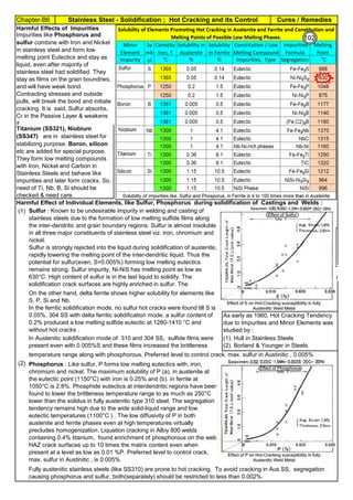 Chapter-B6 Cures / RemediesStainless Steel - Solidification ; Hot Cracking and its Control
By JGC Annamalai
Harmful Effect of Individual Elements, like Sulfur, Phosphorus during solidification of Castings and Welds :
(1)
(1). by H
(2). by Borla
(2)
temperature range along with phosphorous. Preferred level to control crack, max. sulfur in Austinitic , 0.005%
Sulfur : Known to be undesirable impurity in welding and casting of
stainless steels due to the formation of low melting sulfide films along
the inter-dendritic and grain boundary regions. Sulfur is almost insoluble
in all three major constituents of stainless steel viz. iron, chromium and
nickel.
Sulfur is strongly rejected into the liquid during solidification of austenite,
rapidly lowering the melting point of the inter-dendritic liquid. Thus the
potential for sulfur(even, S<0.005%) forming low melting eutectics
remains strong. Sulfur impurity, Ni-NiS has melting point as low as
630°C. High content of sulfur is in the last liquid to solidify. The
solidification crack surfaces are highly enriched in sulfur. The
segregation ratio between the top atom layer and the bulk metal wasOn the other hand, delta ferrite shows higher solubility for elements like
S, P, Si and Nb.
In the ferritic solidification mode, no sulfur hot cracks were found till S is
0.05%. 304 SS with delta ferritic solidification mode, a sulfur content of
0.2% produced a low melting sulfide eutectic at 1280-1410 °C and
without hot cracks .
Phosphorus : Like sulfur, P forms low melting eutectics with, iron,
chromium and nickel. The maximum solubility of P (a). in austenite at
the eutectic point (1150°C) with iron is 0.25% and (b). in ferrite at
1050°C is 2.8%. Phosphide eutectics at interdendritic regions have been
found to lower the brittleness temperature range to as much as 250°C
lower than the solidus in fully austenitic type 310 steel. The segregation
tendency remains high due to the wide solid-liquid range and low
eutectic temperatures (1100°C ) . The low diffusivity of P in both
austenite and ferrite phases even at high temperatures virtually
precludes homogenization. Liquation cracking in Alloy 800 welds
containing 0.4% titanium, found enrichment of phosphorous on the weld
HAZ crack surfaces up to 10 times the matrix content even when
present at a level as low as 0.01 %P. Preferred level to control crack,
max. sulfur in Austinitic , is 0.005%
Fully austenitic stainless steels (like SS310) are prone to hot cracking. To avoid cracking in Aus SS, segregation
causing phosphorus and sulfur, both(separately) should be restricted to less than 0.002%.
In Austenitic solidification mode of 310 and 304 SS, sulfide films were
present even with 0.005%S and these films increased the brittleness
Harmful Effects of Impurities
Titanium (SS321), Niobium
(SS347) are in stainless steel for
stabilizing purpose. Boron, silicon
etc are added for special purpose.
They form low melting compounds
with Iron, Nickel and Carbon in
Stainless Steels and behave like
impurities and later form cracks. So,
need of Ti, Nb, B, Si should be
checked & need care.
Impurities like Phosphorus and
sulfur combine with Iron and Nickel
in stainless steel and form low
melting point Eutectics and stay as
liquid, even after majority of
stainless steel had solidified. They
stay as films on the grain boundries,
and will have weak bond.
Contracting stresses and outside
pulls, will break the bond and initiate
cracking. It is said, Sulfur absorbs,
Cr in the Passive Layer & weakens
it.
As early as 1960, Hot Cracking Tendency
due to Impurities and Minor Elements was
studied by :
(1). Hull in Stainless Steels
(2). Borland & Younger in Steels.
Tend
102
 