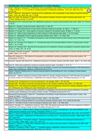 Year
1977
1974
1997
1991
1979
1960
1960
1974
1975
1978
1984
1991
1982
1981
1979
1988
1979
1970
1988
1987
1988
1990
1979
1969
1975
1960
1967
1979
1971
1984
1996
1994
1992
1979
Brooks J A , Effect of alloy modifications on HAZ cracking of A-286 stainless steel .Weld. J. 53: 517s–523s
Brooks J A , Weldability of high N, high-Mn austenitic stainless steel . Weld. J. 54: 189s–195s
Solidification Hot Cracking ; References for further Reading :
Kujanpaa V, Suutala N, Takalo T, Moisio T , Correlation between solidification cracking and microstructure in
austenitic–ferritic stainless steel welds. Weld. Res. Int. 9: 55–76
Kotecki D J, Siewert T A , WRC-1992 constitution diagram for stainless steel weld metals: A modification of the WRC-1988
diagram . Weld. J. 71: 171s–178s
Hoerl A, Moore T J , The welding of type 347 steels . Weld. J. 46: 442s–448s
Hemsworth B, Boniszewski T, Eaton N F , Classification and definition of high temperature welding cracks in alloys. Met.
Constr. Br. Weld. J. 2: 5–16
Hull F C , The effect of ferrite on the hot cracking of stainless steel . Weld. J. 46: 399s–409s
Hull F C , Effects of alloying additions on hot cracking of austenitic stainless steels . Proc. ASTM 60: 667–690
Koseki T, Matsumiya T,Yamada W, Ogawa T , Numerical modeling of solidification and subsequent transformation of
Fe–Cr–Ni alloys. Metall. Mater. Trans. A25: 1309–1321
Koseki T, FlemingsMC , Solidification of undercooled Fe–Cr–Ni alloys part II – microstructural evolution . Metall. Mater. Trans.
A27: 3226–3240
Kelly T F, Cohen M,Vandersande J B , Rapid solidification of a droplet-processed stainless steel . Met. Trans. A15: 819–833
Kakhovskii N I et al , Effects of silicon, nitrogen and manganese on chemical heterogeneity in type 0Kh23N28M3D3T weld
metals and their resistance to hot cracking . Avtomatich. Svarka 8: 11–14
Jolley G, Geraghty J E , Solidification cracking in 18Cr–13Ni–1Nb stainless steel weld metal: the role of magnesium additions.
Solidification and casting of metals (London: The Metals Society) pp 411–415
David SA, Goodwin GM, Braski D N , Solidification behaviour of austenitic stainless steel filler metals . Weld. J. 58: 330s–336s
Clyne TW, Davies G J , The influence of composition on solidification cracking susceptibility in binary alloy systems . Bri.
Foundryman 74: 65–73
CieslakMJ, RitterAM, SavageWF , Solidification cracking and analytical electron microscopy of austenitic stainless steel weld
metals . Weld. J. 61: 1s–8s
Brooks J A, Thompson AW , Microstructural development and solidification cracking susceptibility of austenitic stainless steel
welds . Int. Mater. Rev. 36: 16–44
Brooks J A, Thompson A W, Williams J C , A fundamental study of the beneficial effects of ferrite in reducing weld cracking .
Weld. J. 63: 71s–83s
Hammar O, Svensson U, Influence of steel composition on segregation and microstructure during solidification of austenitic
stainless steels. Solidification and casting of metals (London: The Metals Society) pp 401–410
Goodwin G M , Test methods for evaluating hot cracking : review and perspective. Advances in welding metallurgy (Miami, FL:
Am. Welding Soc./Jap. Welding Soc./Japn. Welding Eng. Soc.) pp 37–49
Goodwin GM, The effects of heat input and weld process on hot cracking in stainless steel .Weld. J. 67: 88s–94s
Goodwin G M , Development of a new hot-cracking test – the sigmajig. Weld. J. 66: 33s–38s
Arata Y, Matsuda F, Katayama S, Solidification crack susceptibility in weld metals of fully austenitic stainless steels (report II)
– effect of ferrite, P, S, C, Si, and Mn on ductility properties of solidification brittleness . Trans. Jpn. Weld. Res. Inst.
6: 105–116
Borland J C,Younger R N , Some aspects of cracking in welded Cr–Ni austenitic steels . Br.Weld. J. 7: 22–59
Borland J C, Generalized theory of super-solidus cracking in welds (and castings) . Br. Weld. J. 7: 508–512
Blake P D , Nitrogen in steel weld metals . Metal Constr. 9: 196–197
Bhadeshia H K D H, David SA,Vitek J M, Solidification sequences in stainless steel dissimilar alloy welds . Mater. Sci. Technol.
7: 50–61
Babu S S, Vitek J M, Iskander Y S, David S A, New model for prediction of ferrite number of stainless steel welds. Sci.
Technol. Welding Joining 2: 279–285
Arata Y, Matsuda F, Saruwatari S, Varestraint test for solidification crack susceptibility in weld metals of austenitic stainless
steels . Trans. Jpn. Weld. Res. Inst. 3: 79–88
Brooks JA, Lambert Jr. F J , The effects of phosphorus, sulfur and ferrite content on weld cracking of type 309 stainless steel .
Weld. J. 57: 139s–143s
Folkhard E , Welding metallurgy of stainless steels (NewYork: Springer Verlag) Fredriksson H 1979 Transition from peritectic
to eutectic reaction in iron-base alloys . Solidification and casting of metals (London: The Metals Society) pp 131–138
Egnell L, MayWM, Welding trials on a titanium-bearing austenitic steel.Welding Inst. Conf. on welding of creep-resistant
steels, pp 144–151
Eckenrod J J, Kovach C W , Effect of nitrogen on the sensitization, corrosion and mechanical properties of 18Cr-8Ni stainless
steels (eds) C R Brinkman, HWGarvin, ASTM STP 679, pp 17–41
Dixon B , Weld metal solidification cracking in austenitic stainless steels . Aust.Weld. J. 16: 2–10
115
 