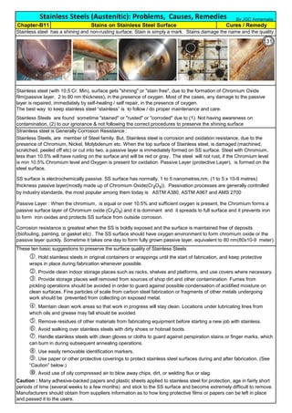 Strainless steel is Generally Corrosion Resistance :
These ten basic suggestions to preserve the surface quality of Stainless Steels
k. Provide clean indoor storage places such as racks, shelves and platforms, and use covers where necessary.
n. Remove residues of other materials from fabricating equipment before starting a new job with stainless.
o. Avoid walking over stainless steels with dirty shoes or hobnail boots.
q. Use easily removable identification markers.
s. Avoid use of oily compressed air to blow away chips, dirt, or welding flux or slag.
SS surface is electrochemically passive. SS surface has normally, 1 to 5 nanometres,nm, (1 to 5 x 10-9 metres)
thickness passive layer(mostly made up of Chromium Oxide(Cr2O3)). Passivation processes are generally controlled
by industry standards, the most popular among them today is ASTM A380, ASTM A967 and AMS 2700
Stainless Steels (Austenitic): Problems, Causes, Remedies
Chapter-B11 Stains on Stainless Steel Surface Cures / Remedy
Stainless steel has a shining and non-rusting surface. Stain is simply a mark. Stains damage the name and the quality.
m. Maintain clean work areas so that work in progress will stay clean. Locations under lubricating lines from
which oils and grease may fall should be avoided.
p. Handle stainless steels with clean gloves or cloths to guard against perspiration stains or finger marks, which
can burn in during subsequent annealing operations.
r. Use paper or other protective coverings to protect stainless steel surfaces during and after fabrication. (See
“Caution” below.)
Caution : Many adhesive-backed papers and plastic sheets applied to stainless steel for protection, age in fairly short
periods of time (several weeks to a few months) and stick to the SS surface and become extremely difficult to remove.
Manufacturers should obtain from suppliers information as to how long protective films or papers can be left in place
and passed it to the users.
Stainless Steels are found sometime "stained" or "rusted" or "corroded" due to (1). Not having awareness on
contamination, (2) to our ignorance & not following the correct procedures to preserve the shining surface
Stainless steel (with 10.5 Cr. Min), surface gets "shining" or "stain free", due to the formation of Chromium Oxide
film(passive layer, 2 to 80 nm thickness), in the presence of oxygen. Most of the cases, any damage to the passive
layer is repaired, immediately by self-healing / self repair, in the presence of oxygen.
The best way to keep stainless steel “stainless” is to follow / do proper maintenance and care.
Stainless Steels, are member of Steel family. But, Stainless steel is corrosion and oxidation resistance, due to the
presence of Chromium, Nickel, Molybdenum etc. When the top surface of Stainless steel, is damaged (machined,
scratched, peeled off etc) or cut into two, a passive layer is immediately formed on SS surface. Steel with Chromium,
less than 10.5% will have rusting on the surface and will be red or gray.. The steel will not rust, if the Chromium level
is min 10.5% Chromium level and Oxygen is present for oxidation. Passive Layer (protective Layer), is formed on the
steel surface,
Passive Layer : When the chromium, is equal or over 10.5% and sufficient oxygen is present, the Chromium forms a
passive surface layer of Chromium oxide (Cr2O3) and it is dominant and it spreads to full surface and it prevents iron
to form iron oxides and protects SS surface from outside corrosion.
Corrosion resistance is greatest when the SS is boldly exposed and the surface is maintained free of deposits
(biofouling, painting, or gasket etc) . The SS surface should have oxygen environment to form chromium oxide or the
passive layer quickly. Sometime it takes one day to form fully grown passive layer, equivalent to 80 nm(80x10-9 meter).
j. Hold stainless steels in original containers or wrappings until the start of fabrication, and keep protective
wraps in place during fabrication whenever possible.
l. Provide storage places well removed from sources of shop dirt and other contamination. Fumes from
pickling operations should be avoided in order to guard against possible condensation of acidified moisture on
clean surfaces. Fine particles of scale from carbon steel fabrication or fragments of other metals undergoing
work should be prevented from collecting on exposed metal.
By JGC Annamalai
131
 