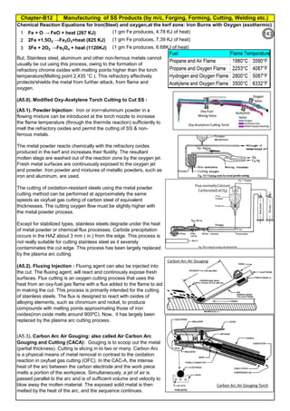 Manufacturing of SS Products (by m/c, Forging, Forming, Cutting, Welding etc.)Chapter-B12
Type 304 is forged between 2300 ºF and 1700 ºF
(1260ºC and 930 ºC) and air cooled
Some Forging Type
Forging Temperature,
ºF(ºC)
Severe reductions (ingot breakdown, roll forging,
drawing, blocking, and backward extrusion)
2300 (1260)
Moderate reductions (finish forging and upsetting) 2200 (1200)
Slight reductions (coining, restriking and end
upsetting)
2050 (1120)
By JGC Annamalai
Chipis not breaking and
havevery long helicalCoil.
Gummy
Tip
SS material, has poor heat conduction.Heat is
buildingupat the tip. Tool Tip is blunted
Duringcutting, metal flows and cold work is
happening.Materialgets hardened and
strength increased. Tool finds difficult to cut
SS
Material
1 Fe + O → FeO + heat (267 KJ) (1 gm Fe produces, 4.78 KJ of heat)
2 2Fe +1.5O2 →Fe2O3+heat (825 KJ) (1 gm Fe produces, 7.39 KJ of heat)
3 3Fe + 2O2 →Fe3O4 + heat (1120KJ) (1 gm Fe produces, 6.68KJ of heat)
(A5.0). Modified Oxy-Acetylene Torch Cutting to Cut SS :
Except for stabilized types, stainless steels degrade under the heat
of metal powder or chemical flux processes. Carbide precipitation
occurs in the HAZ about 3 mm ( in.) from the edge. This process is
not really suitable for cutting stainless steel as it severely
contaminates the cut edge. This process has been largely replaced
by the plasma arc cutting.
The metal powder reacts chemically with the refractory oxides
produced in the kerf and increases their fluidity. The resultant
molten slags are washed out of the reaction zone by the oxygen jet.
Fresh metal surfaces are continuously exposed to the oxygen jet
and powder. Iron powder and mixtures of metallic powders, such as
iron and aluminum, are used.
But, Stainless steel, aluminum and other non-ferrous metals cannot
usually be cut using this process, owing to the formation of
refractory chrome oxides with melting points higher than the torch
temperature(Melting point 2,435 °C ). This refractory effectively
protects/shields the metal from further attack, from flame and
oxygen.
The cutting of oxidation-resistant steels using the metal powder
cutting method can be performed at approximately the same
speeds as oxyfuel gas cutting of carbon steel of equivalent
thicknesses. The cutting oxygen flow must be slightly higher with
the metal powder process.
(A5.2). Fluxing Injection : Fluxing agent can also be injected into
the cut. The fluxing agent, will react and continously expose fresh
surfaces. Flux cutting is an oxygen cutting process that uses the
heat from an oxy-fuel gas flame with a flux added to the flame to aid
in making the cut. This process is primarily intended for the cutting
of stainless steels. The flux is designed to react with oxides of
alloying elements, such as chromium and nickel, to produce
compounds with melting points approximating those of iron
oxides(iron oxide melts around 900ºC). Now, it has largely been
replaced by the plasma arc cutting process.
(A5.3). Carbon Arc Air Gouging: also called Air Carbon Arc
Gouging and Cutting (CACA): Gouging is to scoop out the metal
(partial thickness). Cutting is slicing in to two or many. Carbon Arc
is a physical means of metal removal in contrast to the oxidation
reaction in oxyfuel gas cutting (OFC). In the CAC-A, the intense
heat of the arc between the carbon electrode and the work piece
melts a portion of the workpiece. Simultaneously, a jet of air is
passed parallel to the arc and is of sufficient volume and velocity to
blow away the molten material. The exposed solid metal is then
melted by the heat of the arc, and the sequence continues.
Chemical Reaction Equations for Iron(Steel) and oxygen,at the kerf zone: Iron Burns with Oxygen (exothermic)
(A5.1). Powder Injection: Iron or iron+aluminum powder in a
flowing mixture can be introduced at the torch nozzle to increase
the flame temperature (through the thermite reaction) sufficiently to
melt the refractory oxides and permit the cutting of SS & non-
ferrous metals.
Flux-normallyCalcium
Carbonate(CaCO3)
Pg.B10.1
94143
 