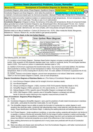 The following points, are noted:
(1). Iron-Chromium Diagram (oldest and for straight chromium stainless steels)
(2). Iron-Nickel Diagram
(3). Strauss and Maurer Diagram (1920), inventors of SS-18-8 Austenitic Stainless Steels in 1912.
(4). Schaeffler Diagram (1949), (precision of ± 4% volume ferrite, or ± 3 FN for 78% of cases)
(5). Delong Diagram (1974), (specific area of Schaeffler Diagram is enlarged and refined)
(6). WRC-1992 Diagram (1992), (specific area of Schaeffler Diagram is enlarged and refined),
ferrite % lines are nearly matching to the magnetic measurements at lower FN.
Uses of Constituion Diagrams (Phase Diagrams) :
(1).
(2).
(3).
(4).
(5).
(6). Many new alloys and phases were derived/found, from the Constitution Diagrams, with better mechanical and
metallurgical and corrosion properties.
Many welding phenomena can be explained and in many cases even predicted with the aid of Constitution
Diagrams.
Fe-C Phase Diagram: Under equilibrium conditions, or very slow cooling, austenite will transform into ferrite (α)
or pearlite, a mixture of ferrite and cementite (Fe3C) for the range of carbon contents in carbon and low-alloy
steels. Similarly, under non-equilibrium conditions other phases may form such as bainite and martensite. Each
phase has different mechanical properties as a result of the differences in their microstructure
Popular Consititution Diagrams of Stainless Steels are: (The History of Constitution Diagram is also in the same
order)
The Schaeffler diagram has an ability to predict the formation of martensite to a certain degree in such
situations like dissimilar welds, containing high alloy(stainless steel, nickel steel etc) with low alloy and carbon
steels. Phase identification and Dilution helps, in selecting the welding electrode and welding procedure to
avoid cracks.
Constitution Diagrams (Schaeffler diagram) were used for prediction of weld metal microstructure in stainless
steel welds , particularly the dissimilar metal welds, for over 50 years
To Study the behaviour of the alloy with temperatures
(3). Ferrite , noticed in Iron-Carbon diagram, around room temperature is not noticed. Delta ferrite existing at
1500°C in the Iron-Carbon Diagram is noticed , even at room temperature.
(2). Addition of Chromium suppresses the transformation lines: Due chromium and nickel addition, the stainless
steel (austenite) is existing, even at room temperature or below. From liquid metal solidification to room
temperature, there is no line crossing like A1,A2,A3 or Acm. It is said, addition of Chromium suppresses the A1,A2,
A3, Acm lines.
(1). Location in Iron-Carbon Diagram : Stainless Steel-Carbon diagram occupies a small portion at the top left
portion. With exception of 200 austenitic stainless steel, max. carbon in austenite, ferrite, PH and Duplex stainless
steel is 0.08%. The maximum carbon in matertensitic stainless steel is 1.0%.
Location for Stainless Steels, in the Iron-Carbon Diagram
Stainless Steels (Austenitic): Problems, Causes, Remedies
Stainless steel is an alloy of steel(iron + Carbon) & Chromium min. 10.5%. Other metals like Nickel, Manganese,
Molibdenum, Titanium, Niobium etc. are also added to get special properties.
Constitution Diagram, other names: Phase Diagram, Equilibrium Diagram
Alloy-One metal and another metal/non-metals is in solution(mixed) at high temperatures. At room temperature, Alloy
is generally stable, even in solid state. The alloy is said, it is in solid-solution.
Constitution Diagrams-A Diagram to Study the behaviour of the alloy with temperatures. Binary (2 component/metal)
alloys generally have simple Consitution Diagrams; say, Brass(Copper+Zinc), Bronze(copper+Tin) etc. Iron - Carbon
Consitution Diagrams are complex diagram, with many phases and compounds and many grain structures. Stainless
steels have more metals / elements and are more complex, with many phases and grain structures.
Constitution Diagrams are those Diagrams which allow the prediction of
a material’s microstructure based upon its chemical composition. Allotropic Phases also change due to Temperatures.
Development of Constitution Diagrams for Stainless SteelsAnnex-An10
By JGC Annamalai
197
 