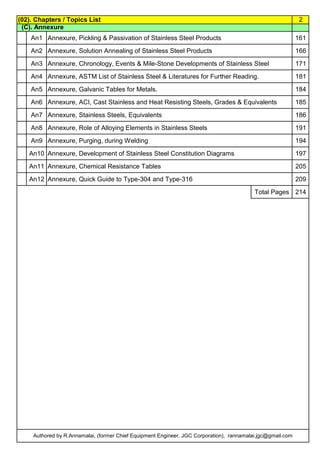(02). Chapters / Topics List 2
By JGC Annamalai
(C). Annexure
An1 Annexure, Pickling & Passivation of Stainless Steel Products 161
An2 Annexure, Solution Annealing of Stainless Steel Products 166
An3 Annexure, Chronology, Events & Mile-Stone Developments of Stainless Steel 171
An4 Annexure, ASTM List of Stainless Steel & Literatures for Further Reading. 181
An5 Annexure, Galvanic Tables for Metals. 184
An6 Annexure, ACI, Cast Stainless and Heat Resisting Steels, Grades & Equivalents 185
An7 Annexure, Stainless Steels, Equivalents 186
An8 Annexure, Role of Alloying Elements in Stainless Steels 191
An9 Annexure, Purging, during Welding 194
An10 Annexure, Development of Stainless Steel Constitution Diagrams 197
An11 Annexure, Chemical Resistance Tables 205
An12 Annexure, Quick Guide to Type-304 and Type-316 209
Total Pages 214
Authored by R.Annamalai, (former Chief Equipment Engineer, JGC Corporation), rannamalai.jgc@gmail.com
 