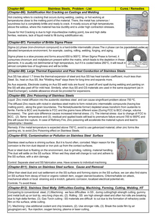 Cures / RemediesChapter-B0 Stainless Steels, Problem - List
By JGC Annamalai
(Chapter-B6). Solidification Hot Cracking on Castings and Welding
(Chapter-B12). Stainless Steel Mafg: Difficulties-Casting, Machining, Forming, Cutting, Welding, HT
(Chapter-B11). Stains on Stainless Steel surface. Cause and Removal
(Chapter-B10). Contamination or Pollution on Stainless Steel Surface
(Chapter-B9). Zinc Poisoning of Stainless Steels
(Chapter-B8). Large Thermal Expansion and Poor Heat Conduction of Stainless Steels
Cause for Hot Cracking is due to high impurities(low melting point), low and high delta
ferrites, restrains, lack of liquid metal to fill during solidification etc.
The diffused Zinc reacts with nickel in stainless steel matrix to form nickel-zinc intermetallic compounds (having low
melting point) , along the grain boundaries. The Nickel(Austenite former) depleted areas transform from austenite to
ferrite. Ferrite is BCC and Austenite is FCC and the grains have different sizes (During FCC to BCC change, volume
increases). The grain size difference causes increased internal stress. (1). The internal stress due to change of FCC to
BCC, (2). flame temperature and (3). residual and applied loads will lead to premature failure around 700 to 900ºC and
this will cause line rupture. In case of Refinery Fire, Zinc poisoning will accelerate the material rupture and lead to
catastrophe / disaster.
Remedy: If the metal temperature is expected above 750°C, avoid to use galvanized material, other zinc forms like
painting etc. to avoid Zinc Poisoning effect on Stainless Steels.
Stainless steel surface is shining surface. But it is found often, corroded. Major reason for the
corrosion is the iron dust deposit or iron pick up from the contact surfaces.
As Aus expands, Electrode coating on Aus SS weld rods are found to peel off and spall during welding and painting on
the SS will also peel off for mild heat. Similarly, when Aus SS and CS materials are used in the same equipment (as in
Heat Exchanger), suitable allowance should be provided for expansions.
Liquid Zinc metal diffusion into the austenitic stainless steel and can cause singnificant problem above 750 ºC.
Rust or steel dust is floating on the environment, due to grinding, rubbing, material handling.
The dust will settle on the SS surface. When wet they steel will change to rust and adhere to
the SS surface, with a skin damage.
Control: Separate steel and SS fabrication area. Have screens to individual machining.
Other than steel dust and rust settlement on the SS surface and forming stains on the SS surface, we can also find stains
on SS surface from decay of food or organic rubbish item, oxygen starved locations, Chlorine/halide ion attack,
mechanical attack or local straining and a knotch, galvanic corrosion, localized electrical potential etc.
Hot cracking refers to cracking that occurs during welding, casting, or hot working at
temperatures close to the melting point of the material. There, the metal has coherence /
soundness but is completely brittle and ready to crack. It mostly occurs at high temperatures
above the solidus, where the material has low ductility and is under high contraction stresses.
Aus SS has about 1.7 times the thermal expansion of steel and Aus SS has heat transfer coefficient, much less than
Steel. So, heat on Aus SS, like "Welding Heat" stays there for long time and expands more.
Sigma phase is a slow process and forms around 650 to 900°C. When Sigma Phase is formed, it
consumes chromium and molybdenum present within the matrix, which leads to the depletion in these
elements. It is usually not detrimental at high temperature, but if it is cooled below 260°C, it will result in
almost complete loss of toughness and will be brittle.
Sigma (σ) phase (iron-chromium compound) is a hard-brittle intermetallic phase.The σ phase can be precipitated under an
elevated temperature environment, for example, casting, rolling, welding, forging, and aging.
(Chapter-B7). Formation of Brittle Sigma Phase
Controls: To avoid these.
Comparing to conventional steel, (1).Machining: we face difficulties in SS , during cutting(high strength cutting, gummy
and metal built up on tool tip, very long chips etc. (2). Rolling : SS are high strength steel and often hot rolls are breaking
due to high delta ferrites. (3). Gas Torch cutting : SS materials are difficult to cut due to the formation of refractory oxide
film on the surface, while cutting.
(1). Machining: Use additional coolant and chip breakers, (2). Use stronger rolls, (3). Break the oxide film by air
gouging(arc-air), flux injection, oxygen lancing, plasma or laser cutting,
59
 