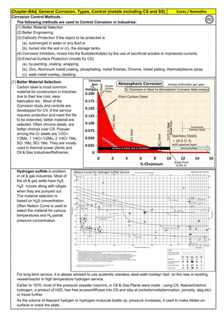 Chapter-B4a General Corrosion, Types, Control (metals including CS and SS) Cures / Remedies
By JGC Annamalai
Corrosion Control Methods :
The following methods are used to Control Corrosion in Industries:
(1).Better Material Selection
(2).Better Engineering
(3).Cathodic Protection if the object to be protected is
(a). submerged in water or any fluid or
(b). buried into the soil or (c). the storage tanks.
(4).Corrosion Inhibitors, mixed into the fluid(electrolyte) by the use of sacrificial anodes or impressed currents.
(5).External Surface Protection (mostly for CS)
(a). by painting, coating, wrapping,
(b). Zinc, Aluminum metal coating, phosphating, metal finishes, Chrome, nickel plating, thermal/plasma spray
(c). weld metal overlay, cladding
(1).Better Material Selection:
For long term service, it is always advised to use austenitic stainless steel weld overlay/ clad on the new or existing
vessel/reactor in high temperature hydrogen service.
Earlier to 1970, most of the pressure vessels/ columns, in Oil & Gas Plants were made , using CS. Nascent/atomic
hydrogen, a product of H2S, has free access/diffuses into CS and stay at pockets/voids(lamination, porosity, slag etc)
or travel further.
As the volume of Nascent hydrgen or hydrogen molucule builds up, pressure increases, it used to make blister on
surface or crack the plate. .
Hydrogen sulfide is problem
in oil & gas industries. Most of
the oil & gas wells have H2S .
H2S moves along with oil/gas
when they are pumped out.
The material selection is
based on H2S concentration.
Often Nelson Curve is used to
select the material for various
temperatures and H2 partial
pressure concentration.
Carbon steel is most common
material for construction in Indutries
due to their low cost, easy
fabrication etc. Most of the
Corrosion study and controls are
developped for CS. If the service
requires protection and need the life
to be extended, better material are
selected. Often chrome steels are
better choices over CS. Popular
among the Cr steels are 1/2Cr-
1/2Mo, 1 1/4Cr-1/2Mo, 2 1/4Cr 1Mo,
5Cr 1Mo, 9Cr 1Mo. They are mostly
used in thermal power plants and
Oil & Gas Industries/Refineries.
80
 