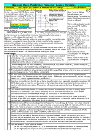 Chapter-B5
(7).
(8).
(9).
Stainless Steels (Austenitic): Problems, Causes, Remedies
Cures / Remedies
(1).
Disadvantages:
(2).
(3).
(5).
(6).
Delta Ferrite in SS Welds & Base Metals and Castings
Cold work on low Nickel Austenitic SS, increase the formation of martensite & reduction of ductility. When
temperature is lowered(like Cryo service) the density of SS is increased and this causes strains and SS
behaves similar to cold worked and high strength SS. Rolling mills do not like more ferrites.
Nitrogen is a powerful austenite forming element. If the nitrogen content is not known, we assume 0.06% for
GTAW, SMAW electrodes and, 0.08% for GMAW,FCAW filler metals
Between -150°C and +450°C, Ferrite in Austenitic Stainless Steel weld metal is fully austenitic and is non-
magnetic and has a relatively large grain structure. This results in the weld being crack- sensitive. By controlling
the alloying elements in the electrode, small amounts of ferrite phase, can be introduced in the weld metal. The
ferrite phase causes the austenitic grains to be much finer and the weld becomes more crack-resistant
(a). for Low Temperature(below -150°C), as ferrite increases, toughness decreases at low temperatures
(b). for High Temperatures(above 500°C), as the Ferrite becomes brittle at these temperatures.
Ferrite is known to be very beneficial in reducing the tendency for hot cracking or
fissuring in weld metals and in castings(if it is ≤ 10FN).
Ferrite is magnetic. For some instrument application, ferrite is required and some other cases, no ferrite is
required. When SS is cold worked, some austenitic material changes to martensitic material. Martensitic SS is
magnetic and the Austinitic SS changes slightly to magnetic.
Millions of pounds of fully austenitic weld metal have been used for years and provided
satisfactory service performance. Generally, ferrite is helpful when the welds are
restrained, the joints are large, and when cracks or fissures adversely affect service
performance. Ferrite increases the weld strength level.
Ferrite may have a detrimental effect on corrosion resistance in some environments. It
also is generally regarded as detrimental to toughness in cryogenic service, and in high-
temperature service where it can transform into the brittle sigma phase.
Delta Ferrite, in SS has
both advantages and
disadvantages. For acceptance,
related Client Spec or standards
should be followed.
Within welds and welds to weld,
using same WPS, the FN is
found to vary.
To increase the Ferrite No.:
(1). At the Foundry, within
ASTM Limits, increase the
Ferrite Formers or reduce the
Austinitite formers .
(2). Use high ferrite electrodes.
For same Heat Number,
Castings having higher
thickness are found to have
higher FN. Lower thickness, has
lower FN.
Heat Treatment/ Solution
Annealing does not change the
FN, much.
Welds: Ferrite number is also
adjusted by weld cooling rate.
The material with delta ferrite is having high strength and it is very difficult to forge or to roll or to do any hot work.
Vendor Shops prefer low Ferrite SS (low hot strength).
Higher the Ferrite, lower the corrosion resistance in some environments (hot
and oxidizing acids. An oxidizing acid is a Brønsted acid that is a strong
oxidizing agent. All Brønsted acids can act as oxidizing agents, because the
acidic proton can be reduced to hydrogen gas. ...
Other Oxidizing Acids are: Nitric acid(HNO3), perchloric acid(HClO4), chloric acid(HClO3), chromic acid(H2CrO4),
and concentrated sulfuric acid(H2 SO4), among others.).
For 400°C, operating temp, max.FN is 20
Definition: For SS, Phase Diagram, Delta
Ferrite , lies around 1500°C. Some cases,
it is retained in solid solution in the room
temperature and it exists as "δ" ferrite. The
ferrite phase occurs when the composition
is adjusted so that the austenite phase is
metastable.
(4). It can lead to embrittlement of welds due to Sigma phase formation when exposed to elevated temperatures, 565-
952°C. Upon aging or in service and depending on the temperature range, the unstable ferrite may undergo a
variety of solid state transformations. These phase will cause creep-rupture and change Charpy impact
properties.
It is also generally regarded as detrimental to toughness in cryogenic service and also in high-temperature
service where it can transform into the brittle sigma phase . Delta ferrite is not recommended, for cryo services
(below -150°C and for high temperatures (above +450°C).
ITER (International Thermonuclear Experimental Reactor, for Fusion Energy, @ France) - two helical coils and
three pairs of poloidal coils, are made of superconducting conductors, using, SUS 316 materials, with ferrite less
than 1.5%. Ferrite is considered harmful here as it increases hysterisis and eddy current losses.
From the Schaeffler equivalents, Delta
Ferrite is given by,
Delta ferrite = 3(Creq-0.93Nieq-6.7)
High percentage of Ferrite shoud be avoided
By JGC Annamalai
Ferrite Formers Cr, Si, Mo, Nb, W
Austenite Formers C, Ni, Mn, Cu, N
91
 