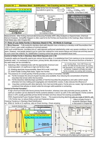 Chapter-B6 Cures / RemediesStainless Steel - Solidification ; Hot Cracking and its Control
By JGC Annamalai
(A1).
(1).
(2).
(a).
(b).
(c).
Cracking Tendency in Stainless Steel Solidification:
(a). Effect of ferrite or Cr eq/Ni eq ratio on Crack forming - Crack arresting
(1). Micro fissures: : Fully austenitic stainless steel weld deposits have a tendency to develop small fissures(less than
1/16"(<1.5mm), even under conditions of minimal restraint.
(With such small fissures, countless tons of weld deposits performed satisfactorily under very severe conditions, for many
years. However, now people started to go for crack free material for more severe fatique and critical use and they search
for such crack free material. So, Solidification Cracking control has grown as impartant issue now).
Role of Low Delta Ferrite in Stainless Steel(<3 FN), SS Welds & Castings
Measurements : After finding chemical elements(using Portable (XRF) Alloy Analyzers or Spectrometer, Chemical
Element Analysis), Schaeffler Diagram is often used to fix the Ferrites and Austenites in the Castings, Base metal and
Weld Metal (also refer Chapter-B5)
Control of Ferrite Formation :
Delta ferrite from the Schaeffler
equivalents is given by,
Delta ferrite ,
= 3(Creq - 0.93Nieq - 6.7)
(for SS304, δ Ferrites=3.546)
Austenitic welds are frequently used to join various ferrous alloys. It is established that if hot cracking is to be minimized in
austenitic weld, it is necessary to have some primary ferrite, also known as a δ ferrite. The amount and form of ferrite in
the weld metal can be controlled by
Ferrite increases the amount of grain boundry area available, thus reducing the concentration of harmful
impurities that remain within the boundries.
A high chromium/nickel ratio favors primary ferrite formation, whereas a low ratio promotes primary austenite. An
optimum condition can be attained for ferrite contents between 3 and 8 by vol% in the weld deposit. Ferrite contents
above 3 vol% usually guarantee primary ferrite formation and thus reduce hot cracking susceptibility.
Impurities combining with other elements, form hard and britle grains. Ferrite acts as a weak, high temperature
constituent that will give or stretch while the stronger solid austenite is contracting.
ITER, Experimental Fusion Nuclear Reactor, France : The superconducting electrical coils are made of SS316, with
1.5% Ferrite max. to reduce Eddy current and Hysterisis losses
Selecting a filler metal(electrode) with the appropriate chromium and
nickel equivalent. (Cr.eq/Ni.eq) is high and ferrite is high.
(2). Welding electrode maneuverability. Bead W/H small, crack high.
(3). Weld Puddle Cooling Rate faster, higher the Ferrites.
The presence of a small quantity of ferrite provides a number of remedies / benefits .
Ferrite dissolves relatively large quantities of harmful impurities like phosphorus and sulfur (which would
otherwise form low melting point segregates and interdendritic cracks). It also reduces the influence of
Control of Delta Ferrite in Stainless Steel Weld Deposits and in SS
Castings.
Ferrite Formers Cr, Si, Mo, Nb, W
Austenite Formers C, Ni, Mn, Cu, N
Effect of Delta Ferrite in
Austenitic Stainless Steels
is discussed in Chapter-B5.
(a). Cooling Rate , from ≈60 C/sec and
below, the delta ferrite decreases as cooling
rate decreases. (b). Cooling rate, ≈60 C/sec
and above, (happens normally) the delta
ferrite increases, as cooling rate increases
99
 