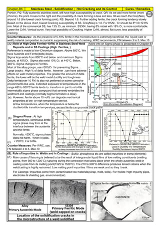Chapter-B6 Cures / Remedies
Stainless Steel - Solidification ; Hot Cracking and its Control
By JGC Annamalai
(A2). (More info on Sigma phase is presented in Chapter-B7)
(a).
ductile-brittle transition temperature, excess ferrite can promote crack paths.
(b).
(c).
(B). Role of Impurities in Welds and in Castings : (Sulfur, phosphorus etc are called impurities or tramp elements)
b1).
w
Large cracks : High % of delta ferrite , however , can have adverse
effects on weld metal properties. The greater the amount of delta
ferrite, the lower will be the weld metal ductility and toughness.
Delta ferrite(over 10 FN) is also not preferred on some corrosive
environments like urea. Extended exposure to temperatures in the
range 480 to 930°C ferrite tends to transform in part to a brittle
intermetalllic sigma phase compound that severely embrittles the
weldment and castings (normally Sigma formation is slow).
Portion, PQ: Fully austenitic stainless steel, will have high susceptability to crack. QR: As we add more ferrite (more
chrome), the point moves to the right and the possibility of crack forming is less and less till we reach the Creq/Nieq
around 1.6 (the lowest crack forming point). RS: Beyond 1.6: Further adding ferrite, the crack forming tendency slowly
Main cause of fissuring is believed to be the result of intergranular liquid films of low melting constituents (melting
points, from 900 to 1200°C) rupturing during the contraction that takes place when the wholly austenitic weld or
casting cools from its melting point(1525 to 1550°C). The 270 to 600°C difference produces tension strains when the
weld/casting is highly restrained. Low melting point impurities / films are weak and so they break.
Role of High Delta Ferrite(>10FN) in Stainless Steel Weld
Deposits and in SS Castings (High Ferrites, )
Counter Measures: As the presence of 5-10% ferrite in the microstructure is extremely beneficial, the liquid( cast or
weld) material composition is crucial in suppressing the risk of cracking. WRC recommends, FN between 3 to 5. Max.10
Based on the above chart, lowest Cracking susceptibility of SS, Creq/Nieq is 1.6. For 8%Ni , Cr should be 8*1.6=12.8%
min. Most of the commerical SS, has 13% Cr, as mininum. SS304, having 8% nickel with 18% Cr, is more comfortable.
Lower the Cr/Ni, Vertical curve. Very high possibility of Cracking. Higher Cr/Ni, almost, flat curve, less possibility of
cracking.
Referrence is made to Iron-Chromium diagram. Above 800°C, We
have Austinite and Ferrite(delta) loops.
Sigma loop exists from 800°C and below and maximum Sigma
occurs, at 45%Cr. Sigma also exist 10% Cr, at 440°C. Below,
440°C, Sigma changes to Ferrites.
Most of the alloy groups, use ≤30%Cr for preventing Sigma. .
Normally, >250°C, sigma phase
does not harm. When it cools,
< 250°C, it is brittle.
At low temperatures, when the temperature is below the
Counter Measures: Per WRC, use,
FN between 3 to 5. Max.10
However, ferrite above 10 vol% can degrade mechanical
properties at low- or high-temperature service.
Singma Phase : At high
temperatures, continuous brittle
sigma phase may form at the
interface between the austenite
and the ferrite.
For Castings: Impurities come from contaminated raw materials(scrap, mold, tools). For Welds: High impurity pipes,
electrodes & shielding gas, environment(air).
100
 