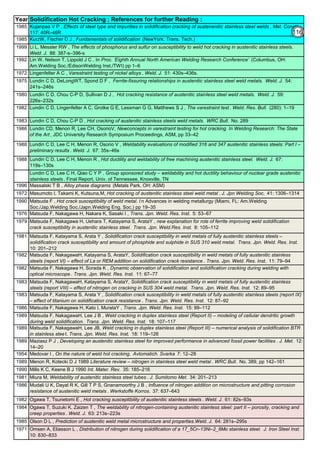 Year Solidification Hot Cracking ; References for further Reading :
1985
1985
1999
1992
1972
1975
1980
1982
1983
1986
1988
1988
1996
1972
1990
1976
1979
1981
1982
1982
1983
1983
1986
1989
1989
1989
1954
1989
1990
1981
1986
1982
1984
1985
1971
Ogawa T, Suzuki K, Zaizen T , The weldability of nitrogen-containing austenitic stainless steel: part II – porosity, cracking and
creep properties . Weld. J. 63: 213s–223s
Ogawa T, Tsunetomi E , Hot cracking susceptibility of austenitic stainless steels . Weld. J. 61: 82s–93s
Mudali U K, Dayal R K, Gill T P S, Gnanamoorthy J B , Influence of nitrogen addition on microstructure and pitting corrosion
resistance of austenitic weld metals . Werkstoffe Korros. 37: 637–643
Omsen A, Eliasson L , Distribution of nitrogen during solidification of a 17_5Cr–13Ni–2_8Mo stainless steel. J. Iron Steel Inst.
10: 830–833
Olson D L , Prediction of austenitic weld metal microstructure and properties.Weld. J. 64: 281s–295s
Matsuda F, Nakagawa H, Sorada K , Dynamic observation of solidification and solidification cracking during welding with
optical microscope . Trans. Jpn. Weld. Res. Inst. 11: 67–77
Matsuda F, NakagawaH, Katayama S, ArataY, Solidification crack susceptibility in weld metals of fully austenitic stainless
steels (report VI) – effect of La or REM addition on solidification crack resistance . Trans. Jpn. Weld. Res. Inst. 11: 79–94
Matsuda F, Katayama S, Arata Y , Solidification crack susceptibility in weld metals of fully austenitic stainless steels –
solidification crack susceptibility and amount of phosphide and sulphide in SUS 310 weld metal. Trans. Jpn. Weld. Res. Inst.
10: 201–212
Matsuda F, Nakagawa H, Uehara T, Katayama S, ArataY , new explanation for role of ferrite improving weld solidification
crack susceptibility in austenitic stainless steel. Trans. Jpn. Weld.Res. Inst. 8: 105–112
Matsuda F, Nakagawa H, Nakara K, Sasaki I , Trans. Jpn. Weld. Res. Inst. 5: 53–67
Matsuda F, NakagawaH, Lee JB, Weld cracking in duplex stainless steel (Report III) – numerical analysis of solidification BTR
in stainless stee l. Trans. Jpn. Weld. Res. Inst. 18: 119–126
Matsuda F, NakagawaH, Lee J B , Weld cracking in duplex stainless steel (Report II) – modeling of cellular dendritic growth
during weld solidification. Trans. Jpn. Weld. Res. Inst. 18: 107–117
Matsuda F, Nakagawa H, Kato I, MurataY , Trans. Jpn. Weld. Res. Inst. 15: 99–112
Matsuda F, Katayama S, Arata Y , Solidification crack susceptibility in weld metals of fully austenitic stainless steels (report IX)
– effect of titanium on solidification crack resistance . Trans. Jpn. Weld. Res. Inst. 12: 87–92
Matsuda F, NakagawaH, Katayama S, ArataY, Solidification crack susceptibility in weld metals of fully austenitic stainless
steels (report VIII) – effect of nitrogen on cracking in SUS 304 weld metal. Trans. Jpn. Weld. Res. Inst. 12: 89–95
Miura M, Weldability of austenitic stainless steel tubes . J. Sumitomo Met. 34: 201–213
Mills K C, Keene B J 1990 Int. Mater. Rev. 35: 185–216
Menon R, Kotecki D J 1989 Literature review – nitrogen in stainless steel weld metal . WRC Bull. No. 389, pp 142–161
Medovar I , On the nature of weld hot cracking. Avtomatich. Svarka 7: 12–28
Maziasz P J , Developing an austenitic stainless steel for improved performance in advanced fossil power facilities . J. Met. 12:
14–20
Li L, Messler RW , The effects of phosphorus and sulfur on susceptibility to weld hot cracking in austenitic stainless steels.
Weld. J. 88: 387-s–396-s
KurzW, Fischer D J , Fundamentals of solidification (NewYork: Trans. Tech.)
Matsuda F , Hot crack susceptibility of weld metal. I n Advances in welding metallurgy (Miami, FL: Am.Welding
Soc./Jap.Welding Soc./Japn.Welding Eng. Soc.) pp 19–35
Masumoto I, Takami K, Kutsuna.M, Hot cracking of austenitic stainless steel weld metal . J. Jpn Welding Soc. 41: 1306–1314
Lundin C D, Chou C-P D, Sullivan D J , Hot cracking resistance of austenitic stainless steel weld metals. Weld. J. 59:
226s–232s
Lundin C D, DeLongWT, Spond D F , Ferrite-fissuring relationships in austenitic stainless steel weld metals. Weld. J. 54:
241s–246s
Lingenfelter A C , Varestraint testing of nickel alloys . Weld. J. 51: 430s–436s.
Massalski T B , Alloy phase diagrams (Metals Park, OH: ASM)
Lin W, Nelson T, Lippold J C , In Proc. ‘Eighth Annual North American Welding Research Conference’ (Columbus, OH:
Am.Welding Soc./EdisonWelding Inst./TWI) pp 1–6
Lundin C D, Lee C H, Qiao C Y P , Group sponsored study – weldability and hot ductility behaviour of nuclear grade austenitic
stainless steels . Final Report, Univ. of Tennessee, Knoxville, TN
Lundin C D, Lee C H, Menon R , Hot ductility and weldability of free machining austenitic stainless steel. Weld. J. 67:
119s–130s
Lundin C D, Lee C H, Menon R, Osorio V , Weldability evaluations of modified 316 and 347 austenitic stainless steels: Part I –
preliminary results . Weld. J. 67: 35s–46s
Lundin CD, Menon R, Lee CH, OsorioV, Newconcepts in varestraint testing for hot cracking. In Welding Research: The State
of the Art , JDC University Research Symposium Proceedings, ASM, pp 33–42
Lundin C D, Chou C-P D , Hot cracking of austenitic stainless steels weld metals. WRC Bull. No. 289
Lundin C D, Lingenfelter A C, Grotke G E, Lessman G G, Matthews S J , The varestraint test . Weld. Res. Bull. (280): 1–19
Kujanpaa V P , Effects of steel type and impurities in solidification cracking of austenenitic stainless steel welds . Met. Constr.
117: 40R–46R 116
 