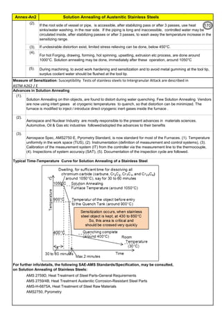 Solution Annealing of Austenitic Stainless Steels
Annex-An2
By JGC Annamalai
(2).
(3).
(4).
(5).
Typical Time-Temperature Curve for Solution Annealing of a Stainless Steel
AMS 2759D, Heat Treatment of Steel Parts-General Requirements
AMS 2759/4B, Heat Treatment Austenitic Corrosion-Resistant Steel Parts
AMS-H-6875A, Heat Treatment of Steel Raw Materials
AMS2750, Pyrometry
If the root side of vessel or pipe, is accessible, after stabilizing pass or after 3 passes, use heat
sinks/water washing, in the rear side. If the piping is long and inaccessible, controlled water may be
circulated inside, after stabilizing passes or after 3 passes, to wash away the temperature increase in the
sensitizing range.
(1).
Aerospace and Nuclear Industry are mostly responsible to the present advances in materials sciences.
Automotive, Oil & Gas etc industries followed/adopted the advances to their benefits
(2).
If undesirable distortion exist, limited stress relieving can be done, below 450°C.
Measure of Sensitization: Susceptibility Tests of stainless steels to Intergranular Attack are described in
ASTM A262 / E
For further info/details, the following SAE-AMS Standards/Specification, may be consulted,
on Solution Annealing of Stainless Steels:
Aerospace Spec, AMS2750 E, Pyrometry Standard, is now standard for most of the Furnaces. (1). Temperature
uniformity in the work space (TUS), (2). Instrumentation (definition of measurement and control systems), (3).
Calibration of the measurement system (IT) from the controller via the measurement line to the thermocouple,
(4). Inspections of system accuracy (SAT), (5). Documentation of the inspection cycle are followed.
(3).
Advances in Solution Annealing
Solution Annealing on thin objects, are found to distort during water quenching. Few Solution Annealing Vendors
are now using intert gases at cryogenic temperatures to quench, so that distortion can be minimized. The
furnace is modified to inject / introduce direct cryogenic inert gases inside the furnace .
For hot Forging, drawing, forming, hot spinning, upsetting, extrusion etc process, are done around
1000°C. Solution annealing may be done, immediately after these operation, around 1050°C
During machining, to avoid work hardening and sensitization and to avoid metal gumming at the tool tip,
surplus coolant water should be flushed at the tool tip.
170
 