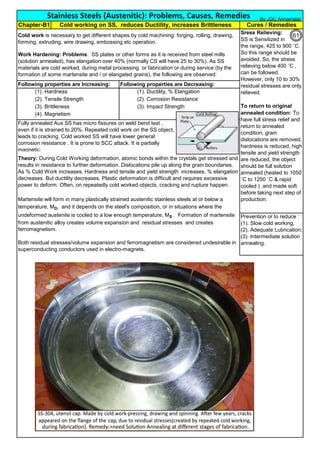 (1). Hardness (1). Ductility, % Elangation
(2). Tensile Strength (2). Corrosion Resistance
(3). Brittleness (3). Impact Strength
(4). Magnetism
Stainless Steels (Austenitic): Problems, Causes, Remedies
Cures / Remedies
Following properties are Increasing: Following properties are Decreasing:
Cold work is necessary to get different shapes by cold machining: forging, rolling, drawing,
forming, extruding, wire drawing, embossing etc operation.
Theory: During Cold Working deformation, atomic bonds within the crystals get stressed and
results in resistance to further deformation. Dislocations pile up along the grain boundaries.
As % Cold Work increases, Hardness and tensile and yield strength increases, % elangation
decreases. But ductility decreases. Plastic deformation is difficult and requires excessive
power to deform. Often, on repeatedly cold worked objects, cracking and rupture happen.
Work Hardening: Problems: SS plates or other forms as it is received from steel mills
(solution annealed), has elangation over 40% (normally CS will have 25 to 30%). As SS
materials are cold worked, during metal processing or fabrication or during service (by the
formation of some martensite and / or elangated grains), the following are observed:
Chapter-B1 Cold working on SS, reduces Ductility, increases Brittleness
Both residual stresses/volume expansion and ferromagnetism are considered undesirable in
superconducting conductors used in electro-magnets.
Fully annealed Aus SS has micro fissures on weld bend test ,
even if it is strained to 20%. Repeated cold work on the SS object,
leads to cracking. Cold worked SS will have lower general
corrosion resistance . It is prone to SCC attack. It is partially
magnetic.
Prevention or to reduce :
(1). Slow cold working,
(2). Adequate Lubrication,
(3). Intermediate solution
annealing.
Sress Relieving:
SS is Sensitized in
the range, 425 to 900 ˚C.
So this range should be
avoided. So, the stress
relieving below 400 ˚C ,
can be followed.
However, only 10 to 30%
residual stresses are only
relieved.
To return to original
annealed condition: To
have full stress relief and
return to annealed
condition, grain
dislocations are removed,
hardness is reduced, high
tensile and yield strength
are reduced, the object
should be full solution
annealed (heated to 1050
˚C to 1250 ˚C & rapid
cooled ) and made soft
before taking next step of
production.
Martensite will form in many plastically strained austenitic stainless steels at or below a
temperature, MD, and it depends on the steel's composition, or in situations where the
undeformed austenite is cooled to a low enough temperature, MS . Formation of martensite
from austenitic alloy creates volume expansion and residual stresses and creates
ferromagnetism.
By JGC Annamalai
61
 