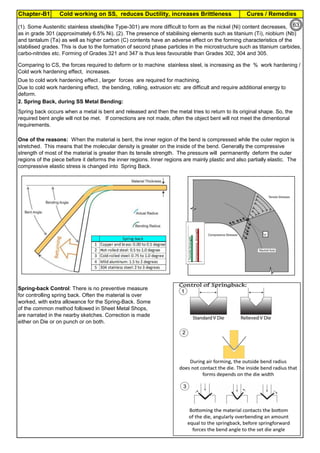Cures / Remedies
Chapter-B1 Cold working on SS, reduces Ductility, increases Brittleness
By JGC Annamalai
Due to cold work hardening effect , larger forces are required for machining.
2. Spring Back, during SS Metal Bending:
Spring-back Control: There is no preventive measure
for controlling spring back. Often the material is over
worked, with extra allowance for the Spring-Back. Some
of the common method followed in Sheet Metal Shops,
are narrated in the nearby sketches. Correction is made
either on Die or on punch or on both.
One of the reasons: When the material is bent, the inner region of the bend is compressed while the outer region is
stretched. This means that the molecular density is greater on the inside of the bend. Generally the compressive
strength of most of the material is greater than its tensile strength. The pressure will permanently deform the outer
regions of the piece before it deforms the inner regions. Inner regions are mainly plastic and also partially elastic. The
compressive elastic stress is changed into Spring Back.
Spring back occurs when a metal is bent and released and then the metal tries to return to its original shape. So, the
required bent angle will not be met. If corrections are not made, often the object bent will not meet the dimentional
requirements.
(1). Some Austenitic stainless steels(like Type-301) are more difficult to form as the nickel (Ni) content decreases,
as in grade 301 (approximately 6.5% Ni). (2). The presence of stabilising elements such as titanium (Ti), niobium (Nb)
and tantalum (Ta) as well as higher carbon (C) contents have an adverse effect on the forming characteristics of the
stabilised grades. This is due to the formation of second phase particles in the microstructure such as titanium carbides,
carbo-nitrides etc. Forming of Grades 321 and 347 is thus less favourable than Grades 302, 304 and 305.
Comparing to CS, the forces required to deform or to machine stainless steel, is increasing as the % work hardening /
Cold work hardening effect, increases.
Due to cold work hardening effect, the bending, rolling, extrusion etc are difficult and require additional energy to
deform.
Tensile
Strength
Compressive
Strength
63
 