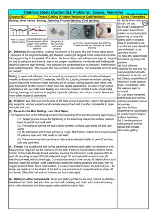 Galling: other names: Seizing, Jamming, Friction Welding, Cold Welding
Cures / Remedies
Stainless Steels (Austenitic): Problems, Causes, Remedies
a). Apply slow rotation
of nuts, on bolt.
(b). Heat is catalyst for
cold weld. Avoid faster
rotation of nut during bolt
tightening or have the
bolting work in shaded
area or assemble in Air
conditioned area. Avoid to
use motorized or air
operated wrench.
(c). Use anti-seize thread
lubricants (eg.moly coat
grease).
(d). Use different
materials for bolt and nut.
(say Austenitic bolt with
martensitic or ferritic nut)
(e). Check possibilities of
chromium oxide passive
layer, immediately, after
the passive layer is
removed.
(f). Use strain hardened
bolt threads and normal
solution annealed nuts or
vice-versa.
(g). Use Surface
treatment like Aluminizing
or kolsterizing for higher
surface hardness
(h). Low-temperature
carburizing is another
option that virtually
eliminates galling.
(1). Definition: During bolting, rubbing movement of SS parts, like bolt thread takes place.
Top layers of the objects(threads), got sheared .Solids got clogged in the voids and prevents
the oxygen entry to the peeled off surface. As the surface crest with passive layer is chopped
off due to pressure and there is less or no oxygen available for immediate self-healing/self-
repair(no passive layer formed), the surfaces are got bonded due to pressure / friction weld /
cold welded together. This causes the two surfaces cold welded, non-separable and it is said
as “seized”.
(2). Problem: We often see the threads of SS bolts and nut assembly, used in flanged joints,
tray supports, various supports and brackets are jammed and it is often impossible to open
the bolts and nuts.
This happens due to the following: (mainly due to peeling off of surface passive layer(Cr2O3))
and cold welding.
(3). Cause for the Bolt Galling / Jam / Bolt Seize:
(4). Theory: It is established that during tightening workmen give faster nut rotation or over
torquing than required. As the nut turns on the bolt, if there is no lubrication, there is some
friction at the male-female thread surfaces, causing the Chromium oxide (passive) film to
peel off, resulting in virgin SS bolt material & virgin SS nut material to contact and cold
weld/friction weld, without breakage. Cut section analysis of the bonded & failed bolt-nut joint
showed, virgin SS surface , cold weld(friction weld) with bolting pressure and heat, with no
oxygen present there. Once cold welded , it is near impossible to open the bolt-nut joint . To
break, we need to cut the shank of the bolt or use extra-force to make threads to shear off
and break. Often the bolt and nut threads are found damaged.
(5). Galling in other components: Wear and galling problems are also noticed in stainless
steel Bush and chain belt joint, link on chain belt, bushing and chain joint, rod end bearing
joint, valve stem joint and they happen when joint lubrication fails.
(1). Applying more torque for tightening or for loosening makes the surface passive
layer to peel of and cold weld
(2). The speed of turning the nut is faster and the surface layer peels off and cold
welds
(4). The environment temperature is high and accelerates faster to peel off surface
skin and cold weld.
(3). No lubrication and thread surface is rough. Bolt friction makes the surface to peel
off passive layer and that leads to cold weld.
Chapter-B2 Thread Galling (Friction Welded or Cold Welded)
Galling is wear and adhesion that is caused by microscopic transfer of material between
metallic surfaces (mostly FCC materials, like SS, Al, ), during transverse motion (sliding). It
occurs frequently whenever metal surfaces are in contact, sliding against each other, with
poor lubrication. It often occurs in high load, low speed applications, but also in high-speed
applications with very little load. Galling is a common problem in bolts & nuts, sheet metal
forming, bearings and pistons in engines, hydraulic cylinders, air motors, chains, levers and
many other industrial operations
Air Fin-Fan, Cooler Header Box SS Plug.
Thread jammed and removed by thread
shearing
Flange Bolt &
Nut, jammed
and shank
sheared
Area of Contact,
before Failure
Cr Oxide/passive layer
Sheared(peeled off)/no
oxygen / new surfaces
.friction welded, under
pressure
By JGC Annamalai
65
 