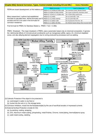 Chapter-B4a General Corrosion, Types, Control (metals including CS and SS) Cures / Remedies
By JGC Annamalai
PERN are recent development, to find relative corrosion resistance of different materials for comparison.
First formula for PREN, for Stainless Steels is, PREN = %Cr + 3.3Mo
(3).Cathodic Protection if the object to be protected is
(a). submerged in water or any fluid or
(b). buried into the soil or (c). the storage tanks.
(4).Corrosion Inhibitors, mixed into the fluid(electrolyte) by the use of sacrificial anodes or impressed currents.
(5).External Surface Protection (mostly for CS)
(a). by painting, coating, wrapping,
(b). Zinc, Aluminum metal coating, phosphating, metal finishes, Chrome, nickel plating, thermal/plasma spray
(c). weld metal overlay, cladding
Many researchers / authors had established
formulas to calculate them. All the formulas use Cr
as base and Ni is not used in the formulas for
corrosion resistance.
PREN : Drawback : The major drawback in PREN, uses a parameter based only on chemical composition. It ignores
the detrimental effects of microstructural constituents such as manganese sulfide, sigma, chi, chromium-depleted
zones, and also alloying element segregation due to coring produced by processes such as welding
85
 