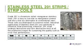 STAINLESS STEEL 201 STRIPS /
STRIP COILS
Grade 201 is chromium-nickel-manganese stainless
steel. 201 is easy to rust due to manganese content
and also a low cos alternative to conventional steel.
These coils are developed to conserve nickel. Industrial
application of Stainless Steel 201 are commonly in
chemical, food processing, electrical. 201 strips
undergo destructive and non-destructive tests at all
the production stages for sustaining the quality such as
error-free performance.
Stainless Steel 201 Strips / Strip Coils Chemical
Composition
Grade C Mn Si P S Cr Ni N
SS 201 0.15 max 5.5 – 7.5 100 max 0.06 max 0.03 max 16.00- 0.3 – 0.5 –
 