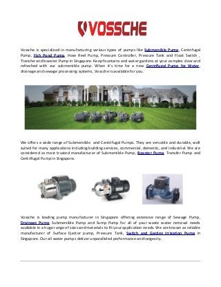 Vossche is specialized in manufacturing various types of pumps like Submersible Pump, Centrifugal
Pump, Fish Pond Pump, Hose Reel Pump, Pressure Controller, Pressure Tank and Float Switch ,
Transfer and booster Pump in Singapore. Keep fountains and water gardens at your complex clear and
refreshed with our submersible pump. When it's time for a new Centrifugal Pump for Water,
drainage and sewage processing systems, Vossche is available for you.
We offers a wide range of Submersible and Centrifugal Pumps. They are versatile and durable, well
suited for many applications including building services, commercial, domestic, and industrial. We are
considered as most trusted manufacturer of Submersible Pump, Booster Pump, Transfer Pump and
Centrifugal Pump in Singapore.
Vossche is leading pump manufacturer in Singapore offering extensive range of Sewage Pump,
Drainage Pump, Submersible Pump and Sump Pump for all of your waste water removal needs
available in a huge range of sizes and materials to fit your application needs. We are known as reliable
manufacturer of Surface Ejector pump, Pressure Tank, Switch and Garden Irrigation Pump in
Singapore. Our all water pumps deliver unparalleled performance and longevity.
 