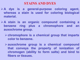 STAINS AND DYES
 A dye is a general-purpose coloring agent,
whereas a stain is used for coloring biological
material.
benzene ring plus a chromophore and
 A stain is an organic compound containing a
an
auxochrome group.
 chromophore is a chemical group that imparts
color to benzene.
 auxochrome group is a chemical compound
that conveys the property of ionization of
chromogen (ability to form salts) and bind to
fibers or tissues.
 