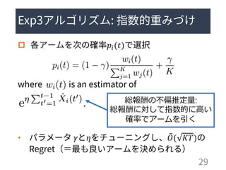  𝑝𝑖(𝑡)
• 𝛾 𝜂 ෨𝑂( 𝐾𝑇)
総報酬の不偏推定量:
総報酬に対して指数的に高い
確率でアームを引く
 