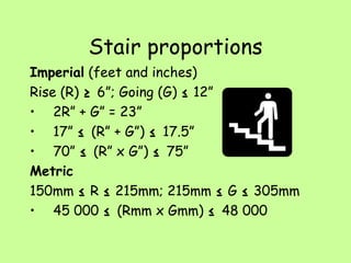 Stair proportions Imperial  (feet and inches) Rise (R)  ≥  6”; Going (G)  ≤  12” 2R” + G” = 23” 17”  ≤   (R” + G”)  ≤   17.5” 70”  ≤   (R” x G”)  ≤   75” Metric 150mm  ≤  R  ≤  215mm; 215mm  ≤  G  ≤  305mm 45 000  ≤   (Rmm x Gmm)   ≤   48 000 