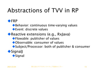 Abstractions of TVV in RP
uFRP
uBehavior: continuous time-varying values
uEvent: discrete values
uReactive extensions (e.g., RxJava)
uFlowable: publisher of values
uObservable: consumer of values
uSubject/Processor: both of publisher & consumer
uSignalJ
uSignal
2021/2/24 第２回ステアラボソフトウェア技術セミナー 13
 