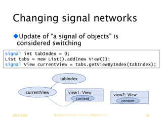 Changing signal networks
uUpdate of “a signal of objects” is
considered switching
signal int tabIndex = 0;
List tabs = new List().add(new View());
signal View currentView = tabs.getViewByIndex(tabIndex);
2021/2/24 第２回ステアラボソフトウェア技術セミナー 30
tabIndex
currentView view1: View
content
view2: View
content
 