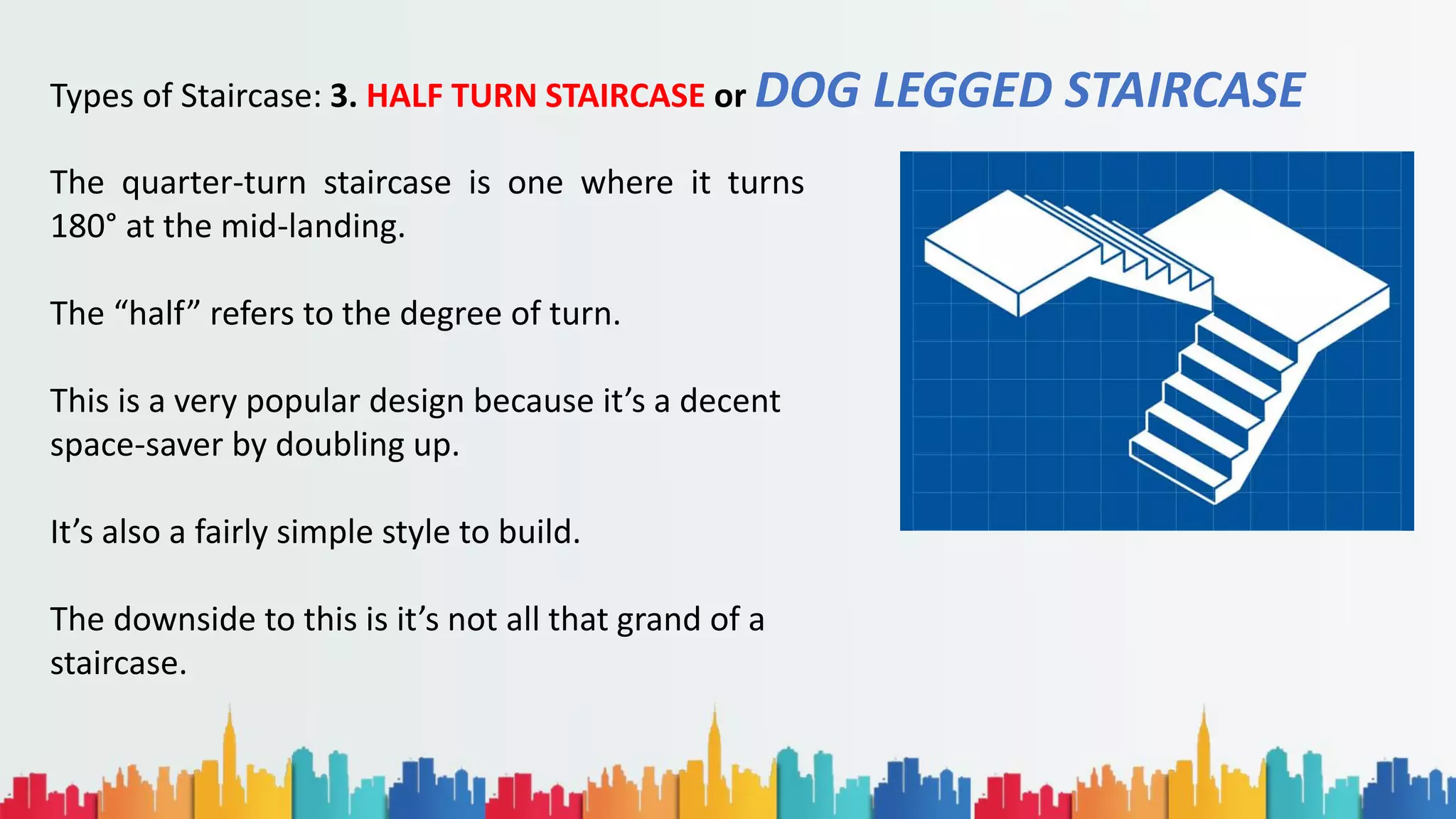 Types of Staircase: 3. HALF TURN STAIRCASE or DOG LEGGED STAIRCASE
The quarter-turn staircase is one where it turns
180° at the mid-landing.
The “half” refers to the degree of turn.
This is a very popular design because it’s a decent
space-saver by doubling up.
It’s also a fairly simple style to build.
The downside to this is it’s not all that grand of a
staircase.
 