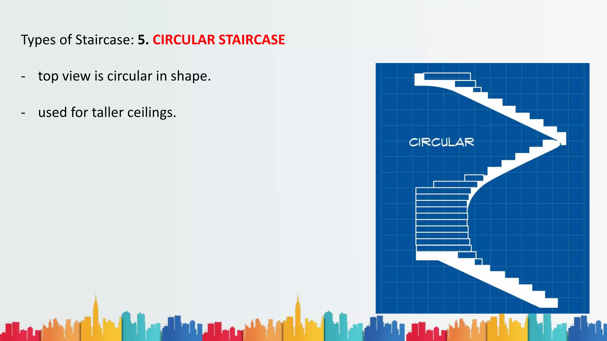 Types of Staircase: 5. CIRCULAR STAIRCASE
- top view is circular in shape.
- used for taller ceilings.
 