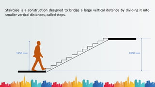 1800 mm
1650 mm
Staircase is a construction designed to bridge a large vertical distance by dividing it into
smaller vertical distances, called steps.
 