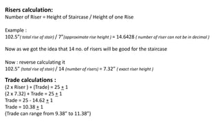 Risers calculation:
Number of Riser = Height of Staircase / Height of one Rise
Example :
102.5”( total rise of stair) / 7”(approximate rise height ) = 14.6428 ( number of riser can not be in decimal )
Now as we got the idea that 14 no. of risers will be good for the staircase
Now : reverse calculating it
102.5” (total rise of stair) / 14 (number of risers) = 7.32” ( exact riser height )
Trade calculations :
(2 x Riser ) + (Trade) = 25 + 1
(2 x 7.32) + Trade = 25 + 1
Trade = 25 - 14.62 + 1
Trade = 10.38 + 1
(Trade can range from 9.38” to 11.38”)
 