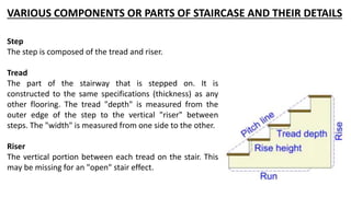 VARIOUS COMPONENTS OR PARTS OF STAIRCASE AND THEIR DETAILS
Step
The step is composed of the tread and riser.
Tread
The part of the stairway that is stepped on. It is
constructed to the same specifications (thickness) as any
other flooring. The tread "depth" is measured from the
outer edge of the step to the vertical "riser" between
steps. The "width" is measured from one side to the other.
Riser
The vertical portion between each tread on the stair. This
may be missing for an "open" stair effect.
 