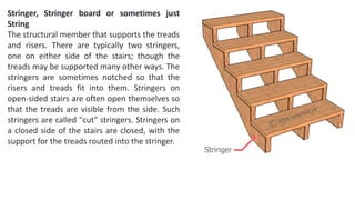 Stringer, Stringer board or sometimes just
String
The structural member that supports the treads
and risers. There are typically two stringers,
one on either side of the stairs; though the
treads may be supported many other ways. The
stringers are sometimes notched so that the
risers and treads fit into them. Stringers on
open-sided stairs are often open themselves so
that the treads are visible from the side. Such
stringers are called "cut" stringers. Stringers on
a closed side of the stairs are closed, with the
support for the treads routed into the stringer.
 