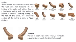 Easings
Wall handrails are mounted directly onto
the wall with wall brackets. At the
bottom of the stairs such railings flare to
a horizontal railing and this horizontal
portion is called a "starting easing". At
the top of the stairs, the horizontal
portion of the railing is called a "over
easing".
Turnout
Instead of a complete spiral volute, a turnout is
a quarter-turn rounded end to the handrail.
 