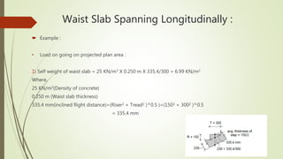 Waist Slab Spanning Longitudinally :
 Example :
• Load on going on projected plan area :
1) Self weight of waist slab = 25 KN/m3 X 0.250 m X 335.4/300 = 6.99 KN/m2
Where,
25 KN/m3(Density of concrete)
0.250 m (Waist slab thickness)
335.4 mm(inclined flight distance)=(Riser2 + Tread2 )^0.5 )=(1502 + 3002 )^0.5
. = 335.4 mm
 
