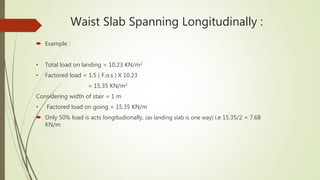 Waist Slab Spanning Longitudinally :
 Example :
• Total load on landing = 10.23 KN/m2
• Factored load = 1.5 ( F.o.s ) X 10.23
= 15.35 KN/m2
Considering width of stair = 1 m
• Factored load on going = 15.35 KN/m
 Only 50% load is acts longitudionally, (as landing slab is one way) i.e 15.35/2 = 7.68
KN/m
 